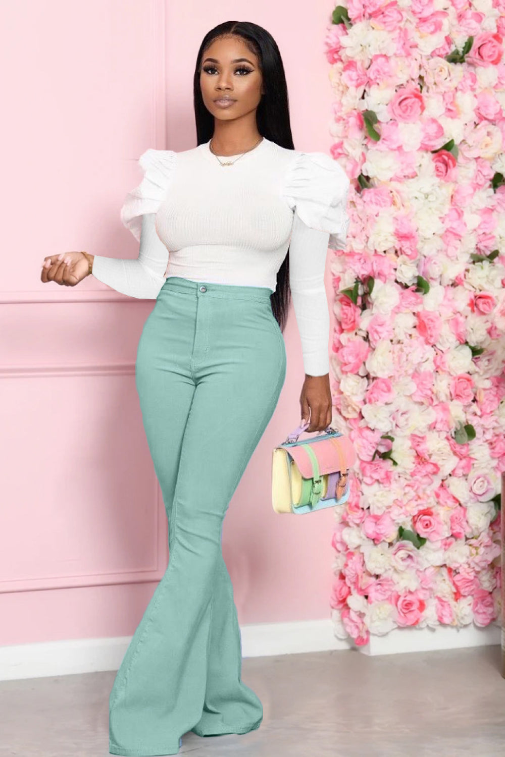 Leg-Of-Mutton Sleeve Top and Flare Pants Set - Tantalize Boutique