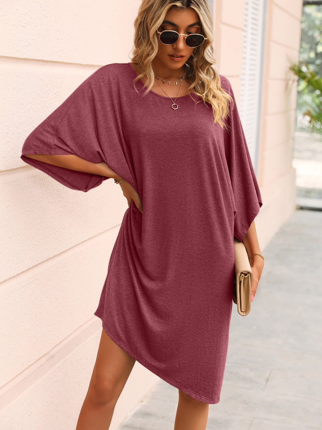 Round Neck Three-Quarter Sleeve Tee Dress - Tantalize Boutique