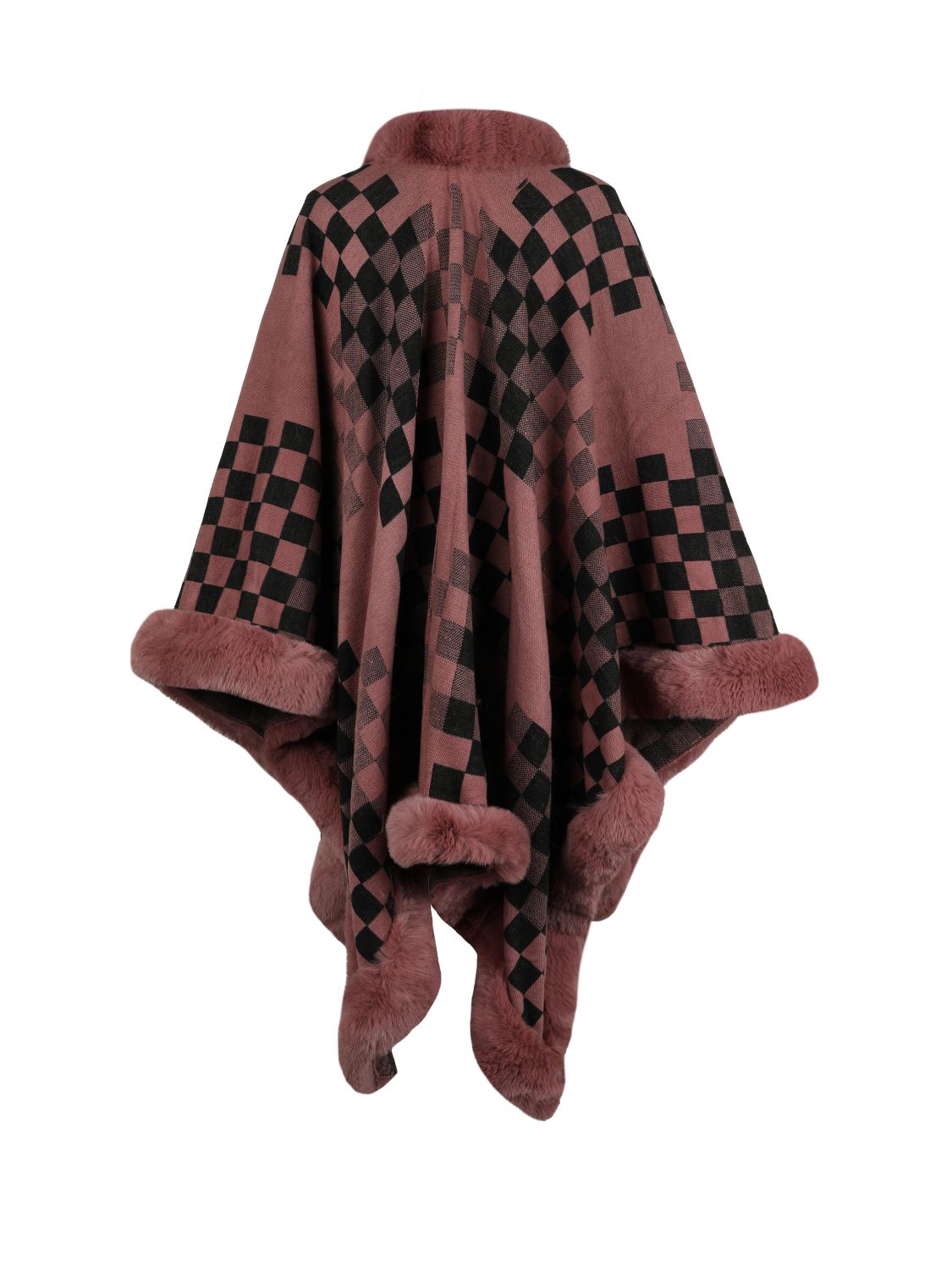 Checkered Faux Fur Trim Poncho - Tantalize Boutique