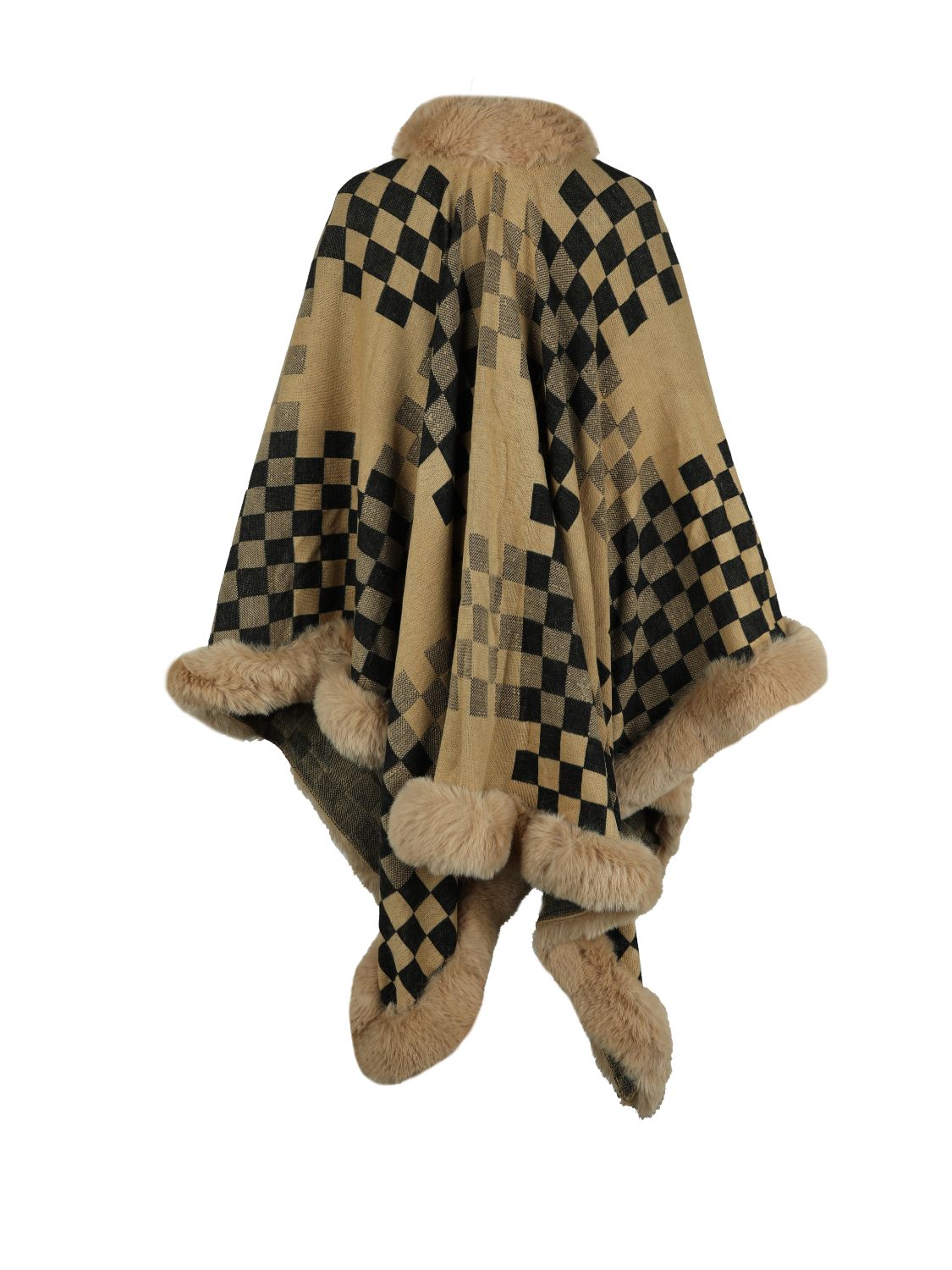 Checkered Faux Fur Trim Poncho - Tantalize Boutique