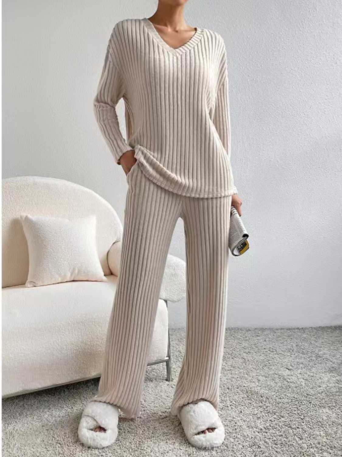 Ribbed V-Neck Long Sleeve Top and Pants Set - Tantalize Boutique
