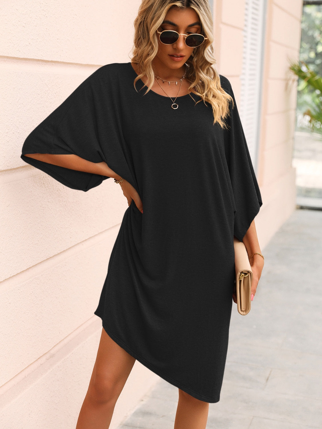 Round Neck Three-Quarter Sleeve Tee Dress - Tantalize Boutique