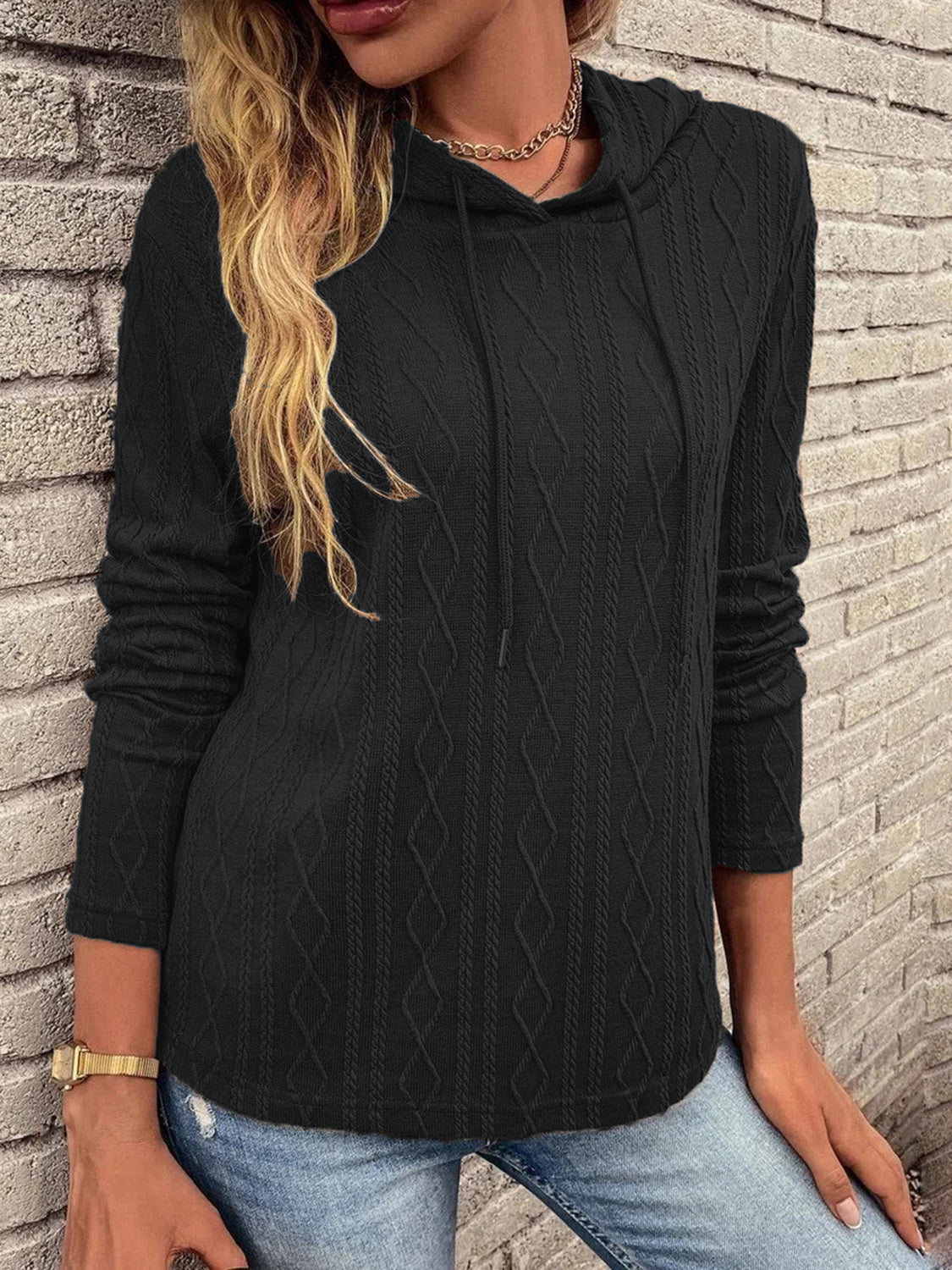 Cable-Knit Drawstring Hooded Knit Top - Tantalize Boutique