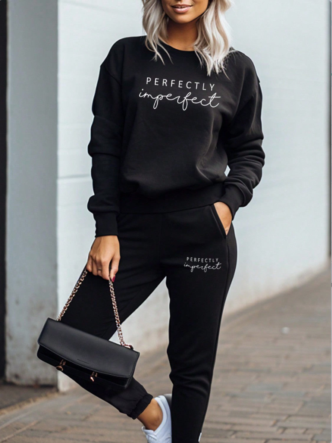 PERFECTLY IMPERFECT Graphic Sweatshirt and Sweatpants Set - Tantalize Boutique