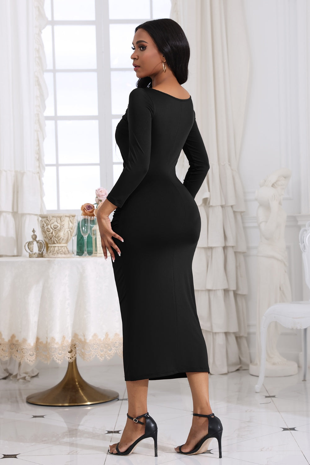 Ruched Boat Neck Midi Dress - Tantalize Boutique