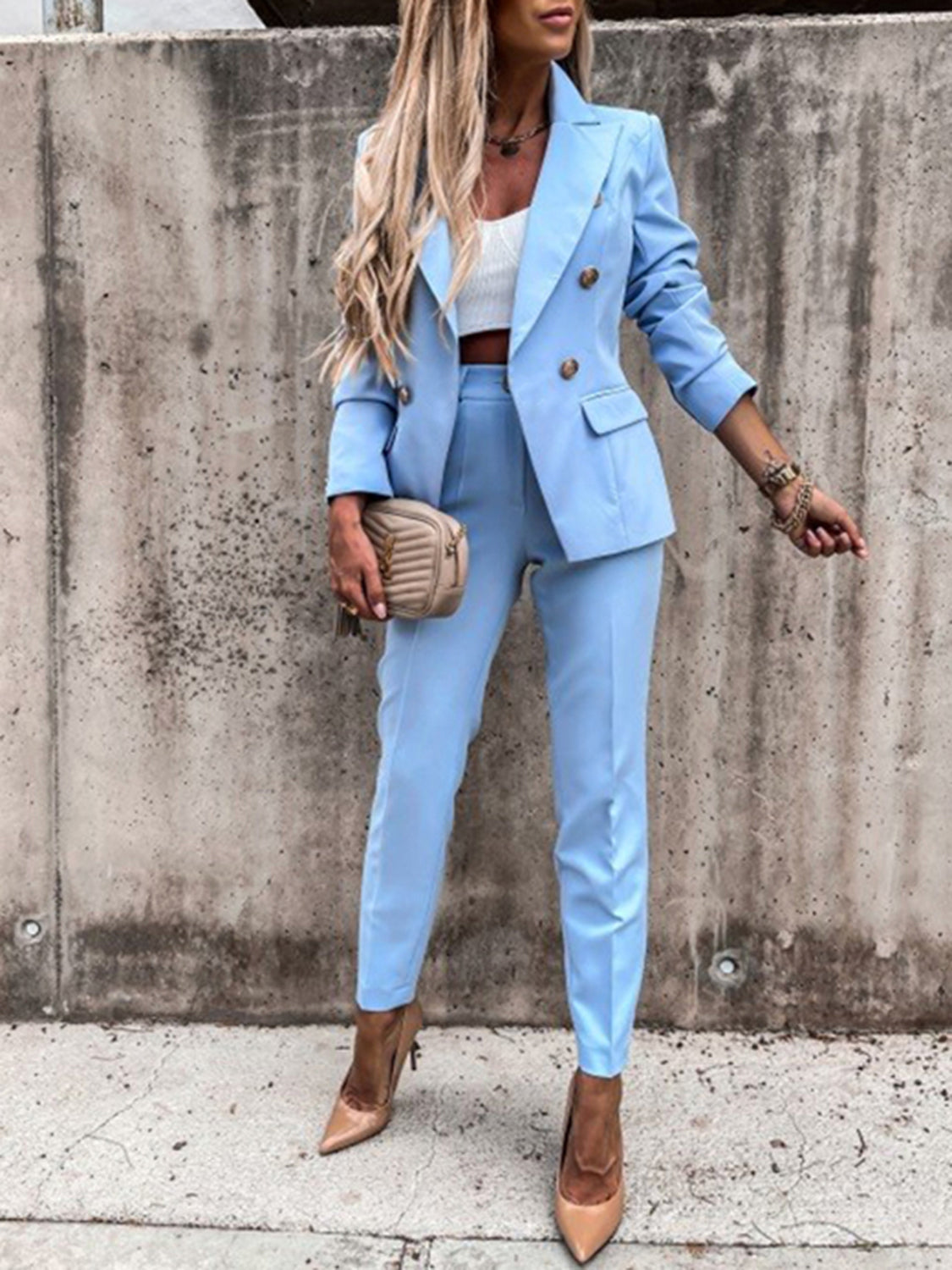 Lapel Collar Long Sleeve Blazer and Pants Set - Tantalize Boutique