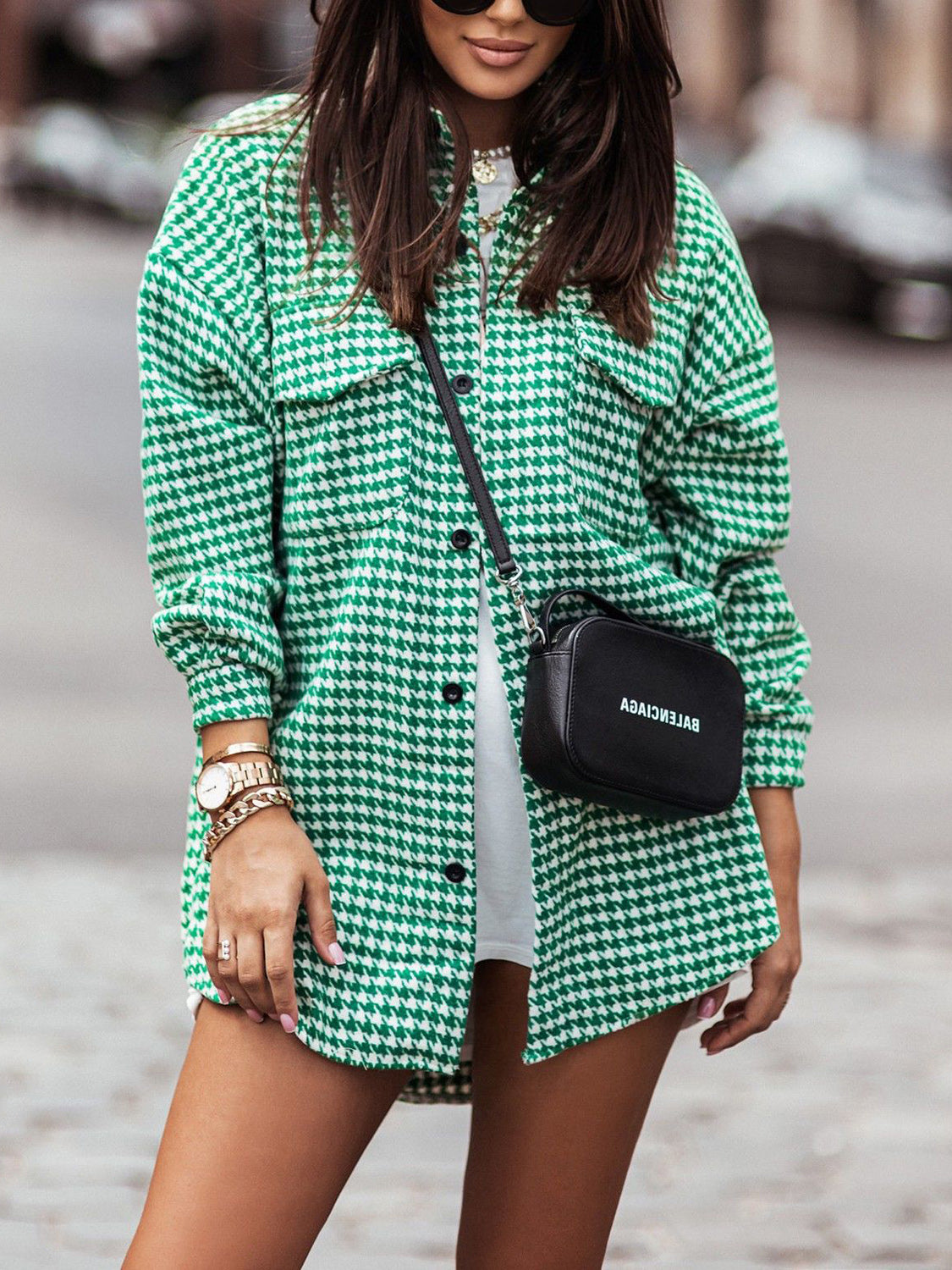 Houndstooth Button Up Dropped Shoulder Jacket - Tantalize Boutique
