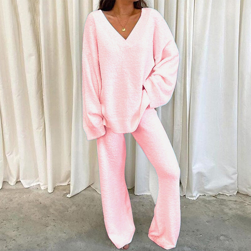V-Neck Long Sleeve Top and Long Pants Set - Tantalize Boutique