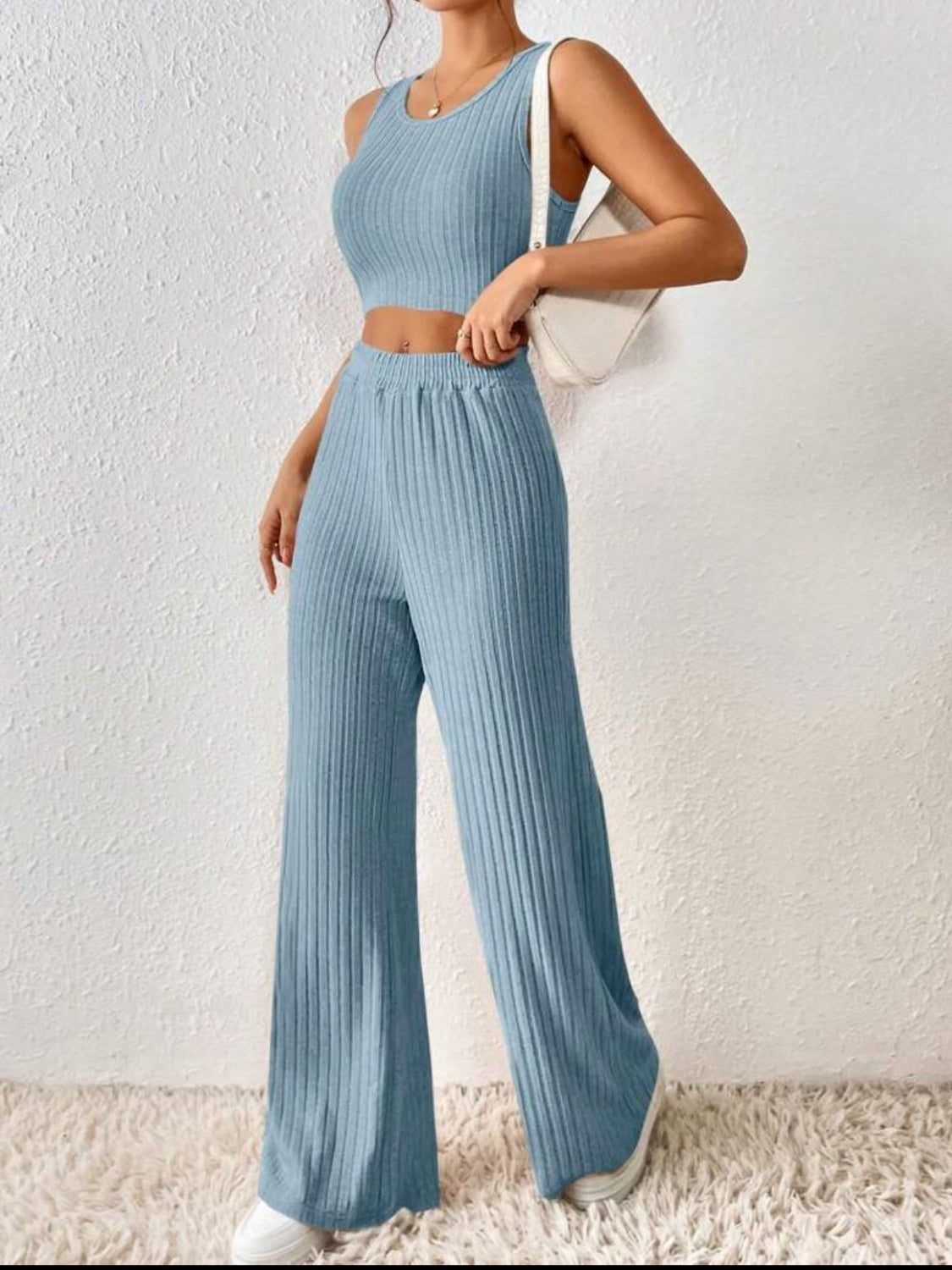 Ribbed Round Neck Tank and Pants Sweater Set - Tantalize Boutique