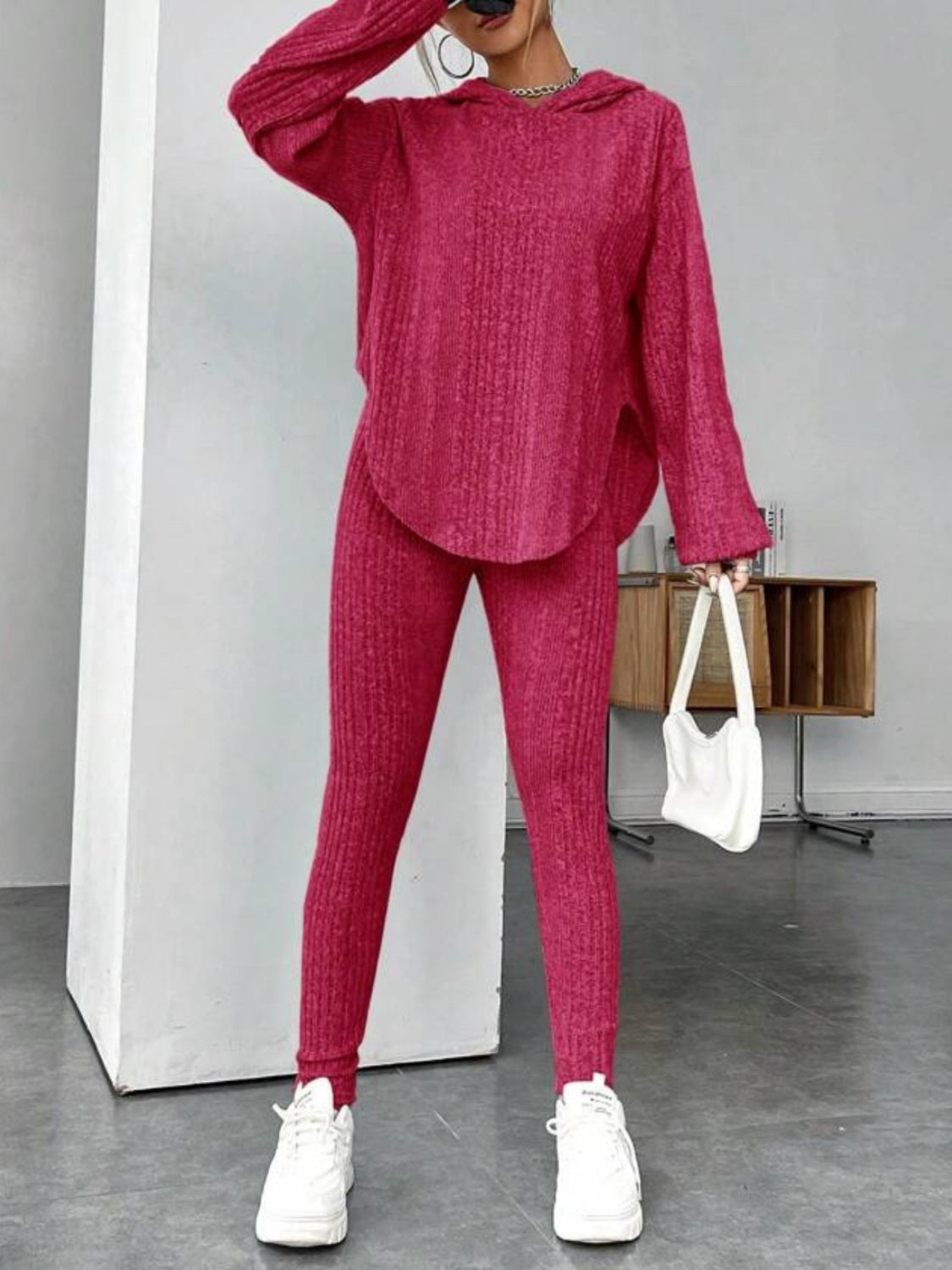 Round Neck Dropped Shoulder Hoodie and Pants Set - Tantalize Boutique