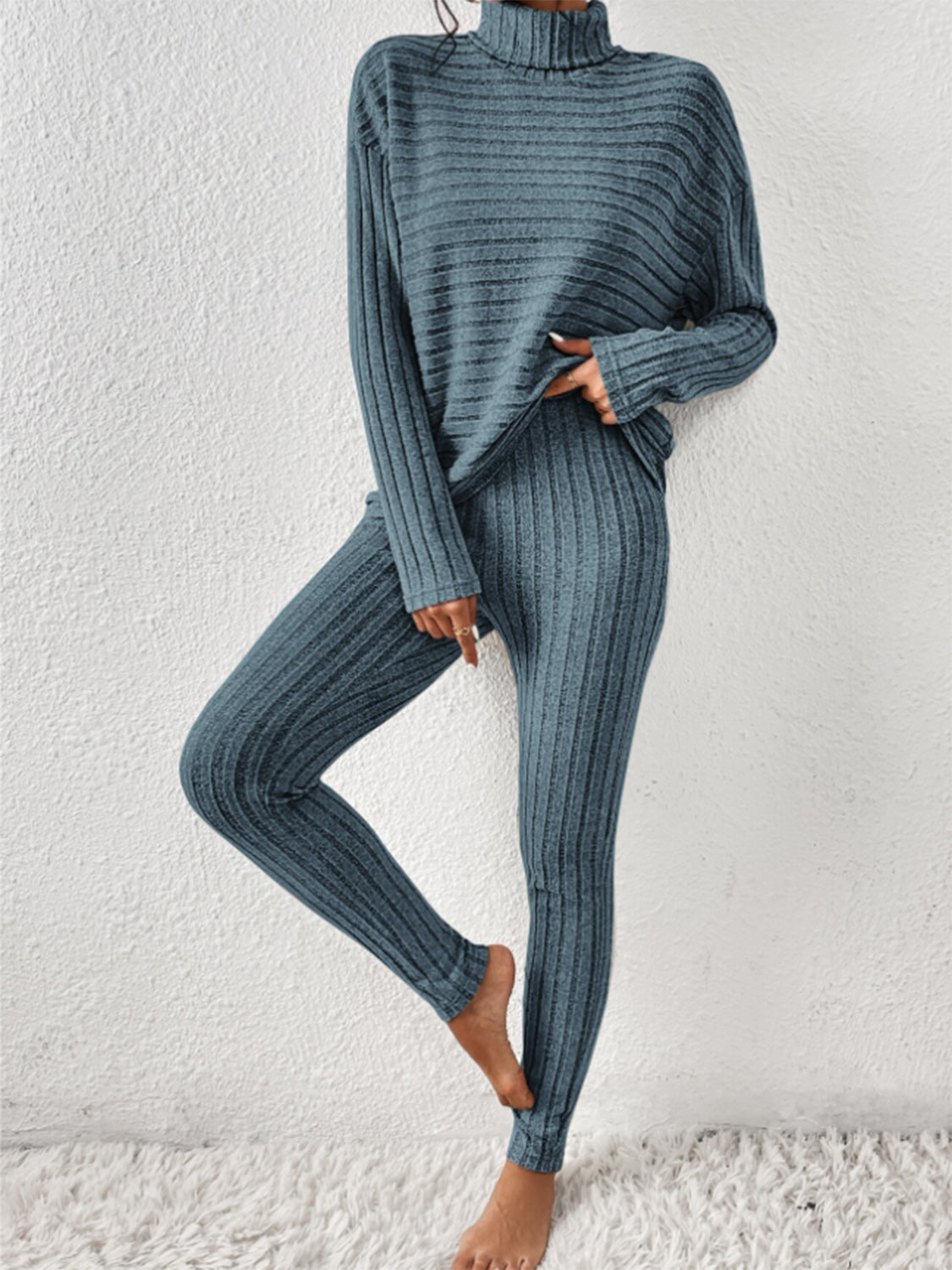 Ribbed Turtleneck Top and Pants Set - Tantalize Boutique