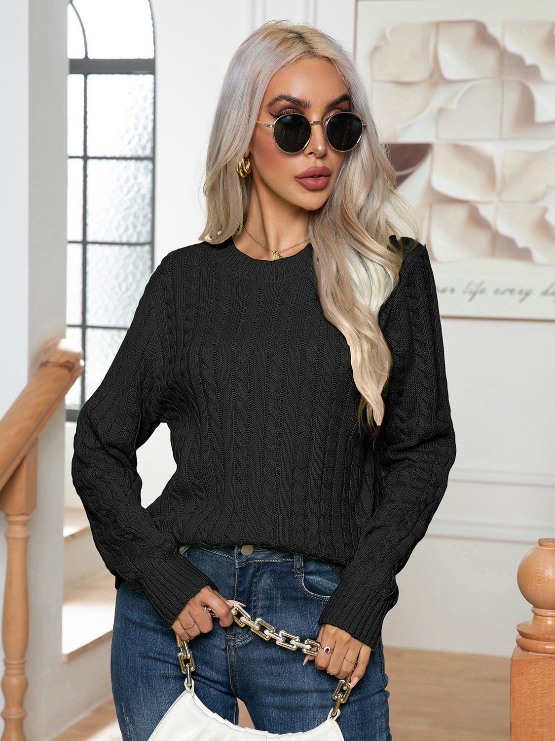 Cable-Knit Round Neck Long Sleeve Sweater - Tantalize Boutique