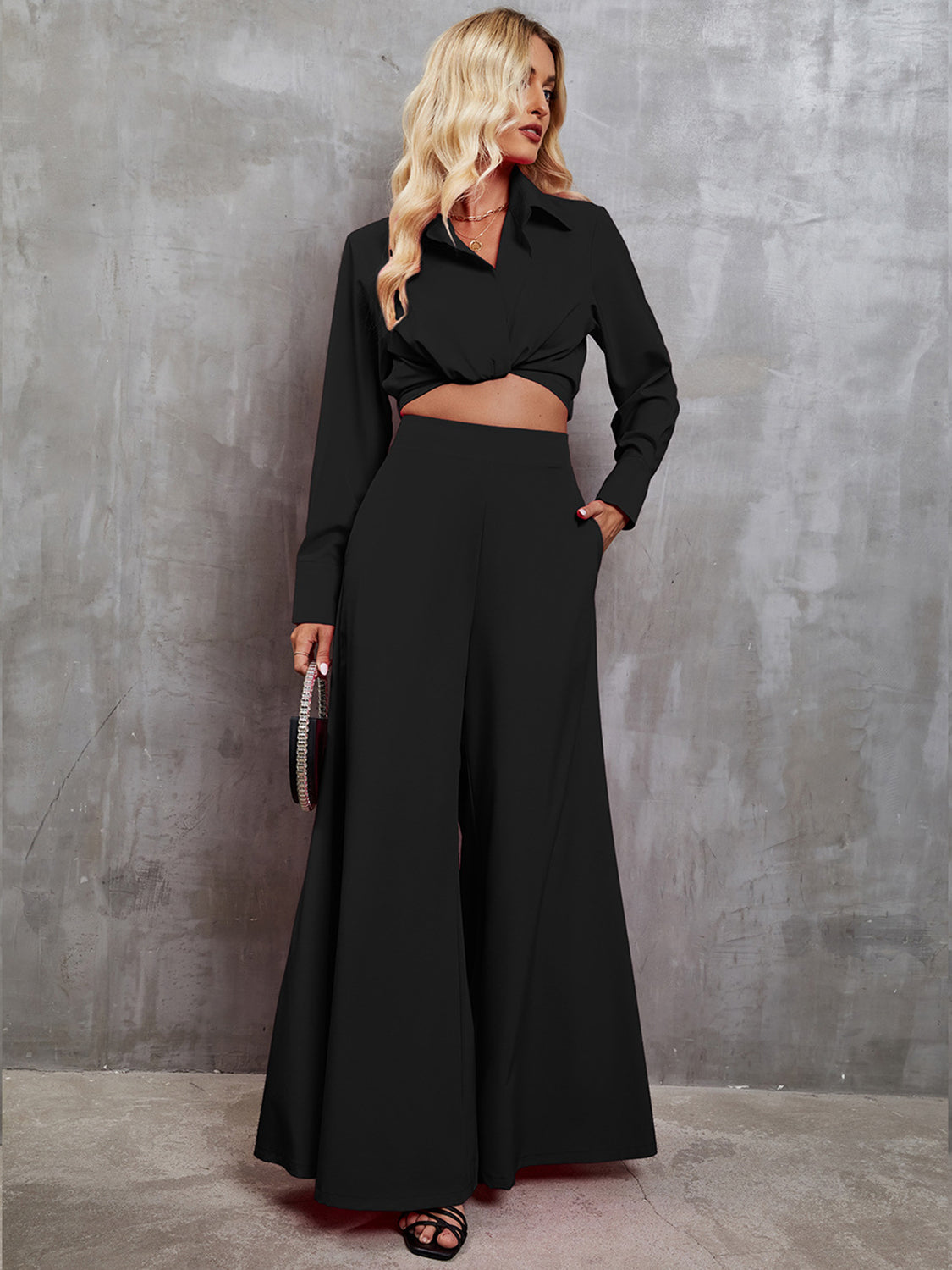 Collared Neck Long Sleeve Top and Wide Leg Pants Set - Tantalize Boutique
