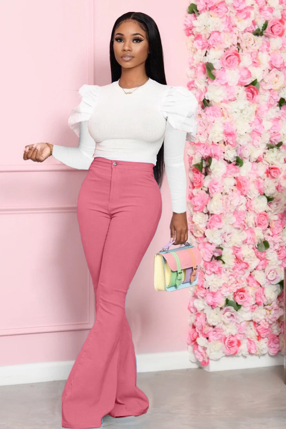 Leg-Of-Mutton Sleeve Top and Flare Pants Set - Tantalize Boutique