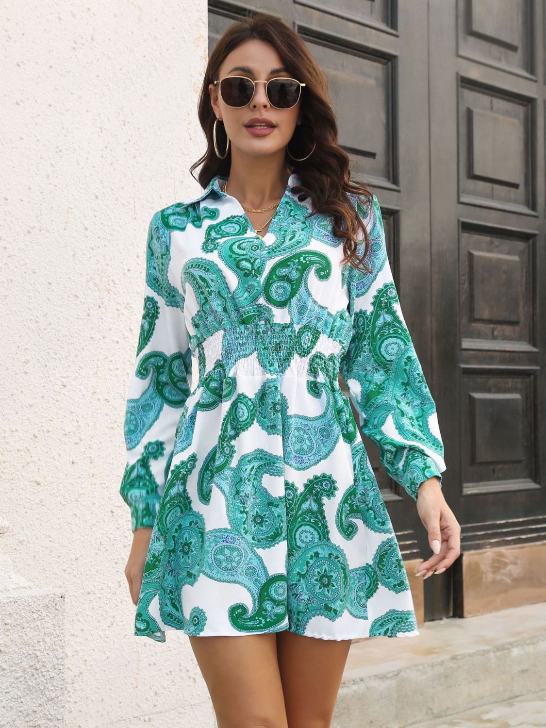 Paisley Print Johnny Collar Smocked Dress - Tantalize Boutique
