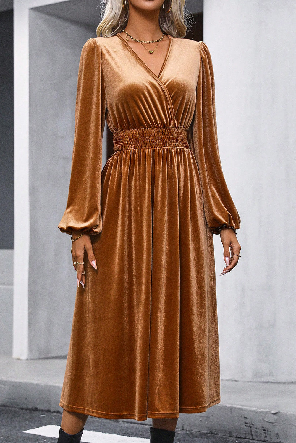 Surplice Balloon Sleeve Smocked Midi Dress - Tantalize Boutique