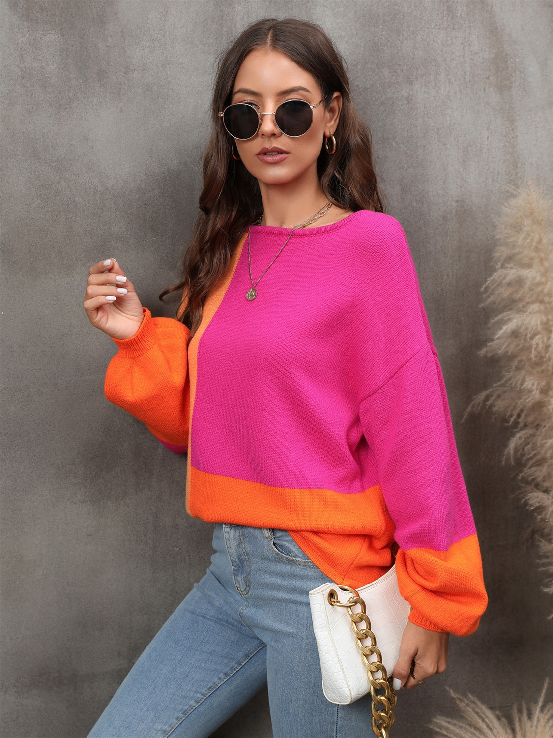 Color Block Round Neck Sweater - Tantalize Boutique