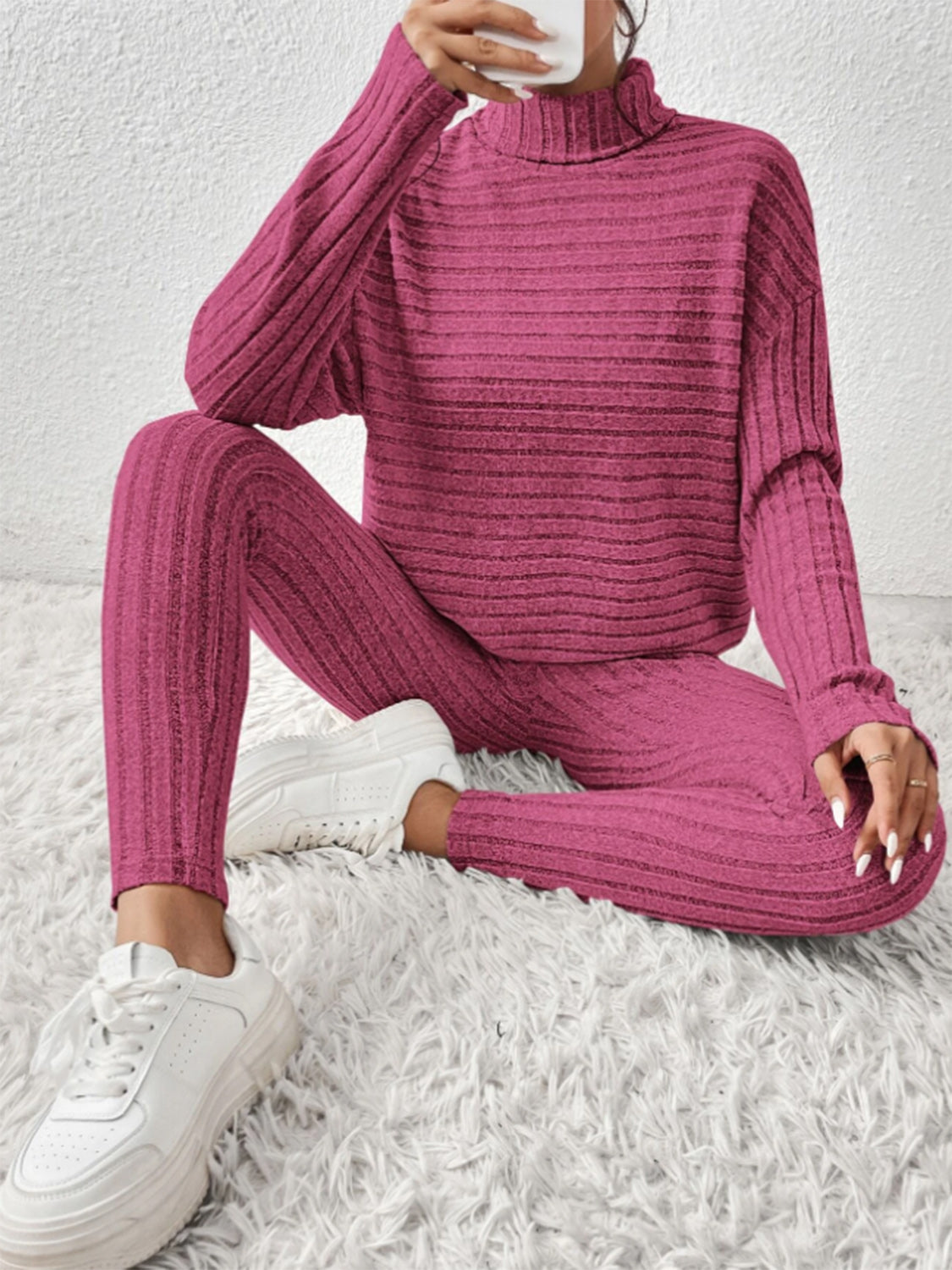 Ribbed Turtleneck Top and Pants Set - Tantalize Boutique