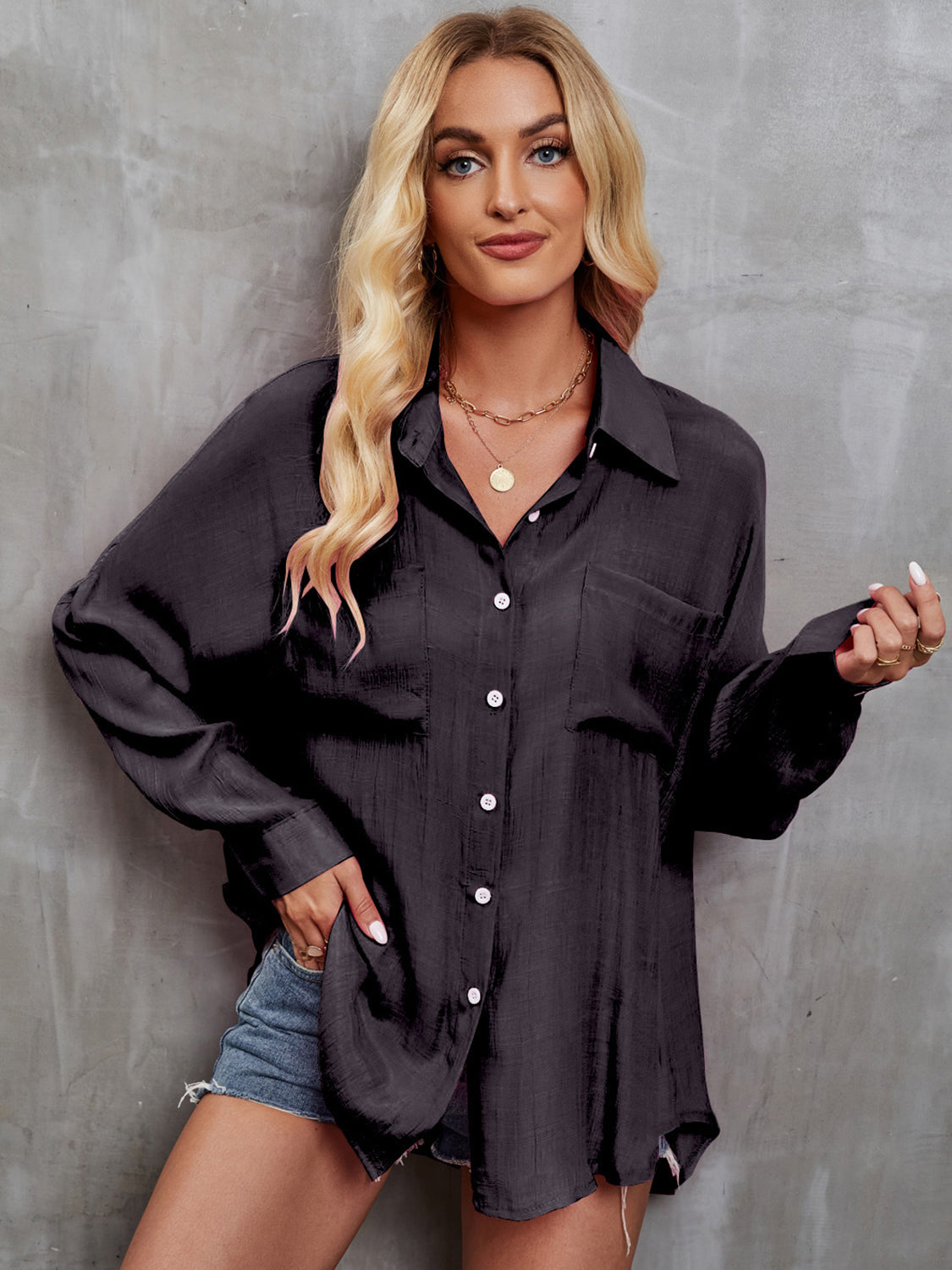 Pocketed Button Up Long Sleeve Shirt - Tantalize Boutique