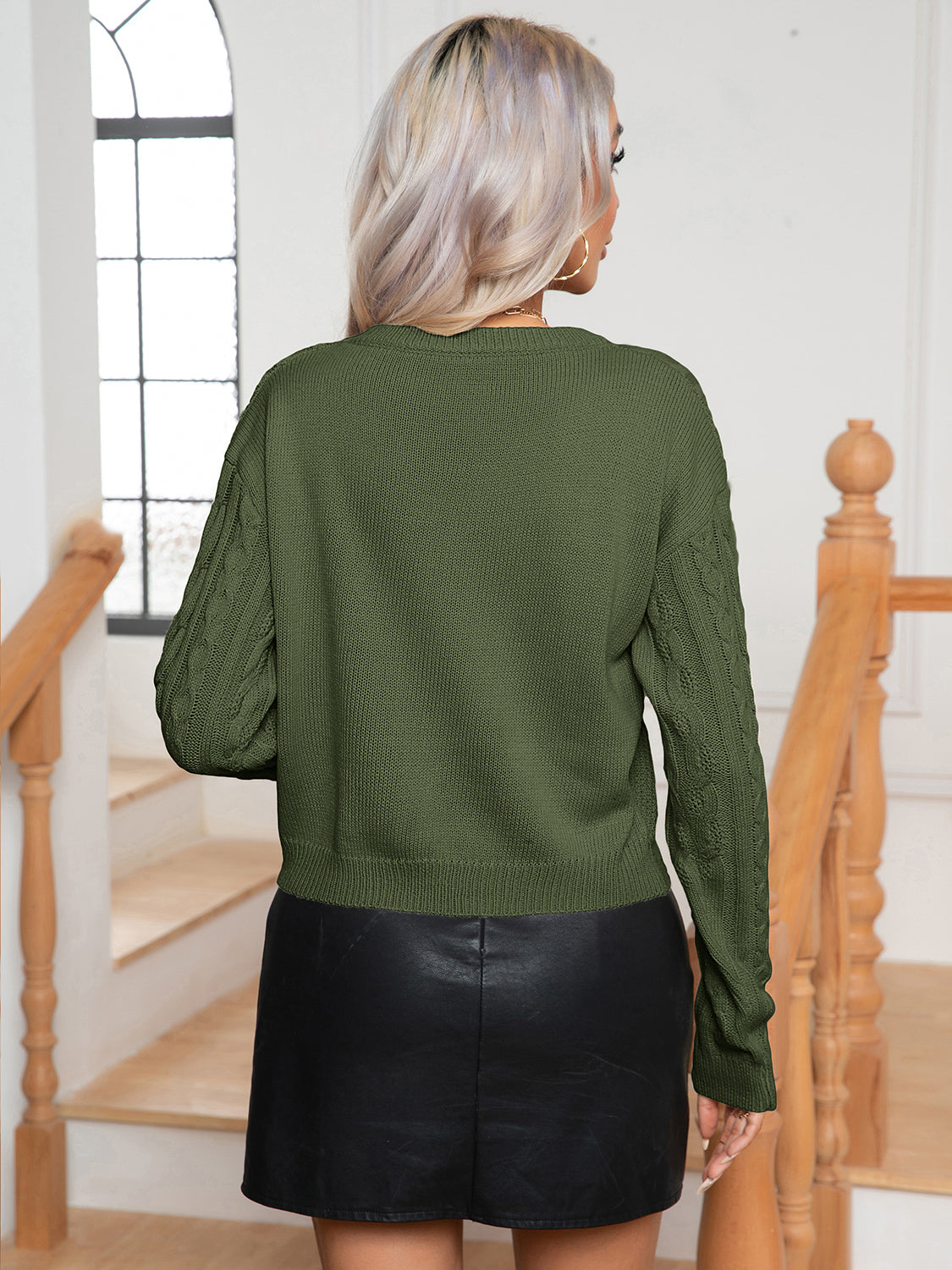Cable-Knit Round Neck Long Sleeve Sweater - Tantalize Boutique