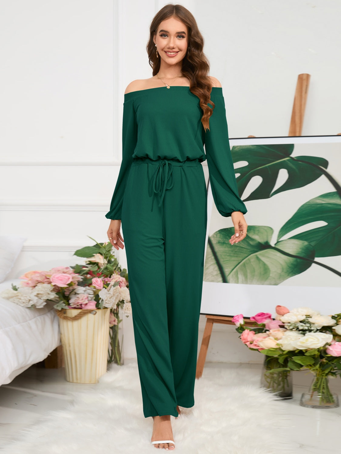 Off-Shoulder Straight Leg Jumpsuit - Tantalize Boutique