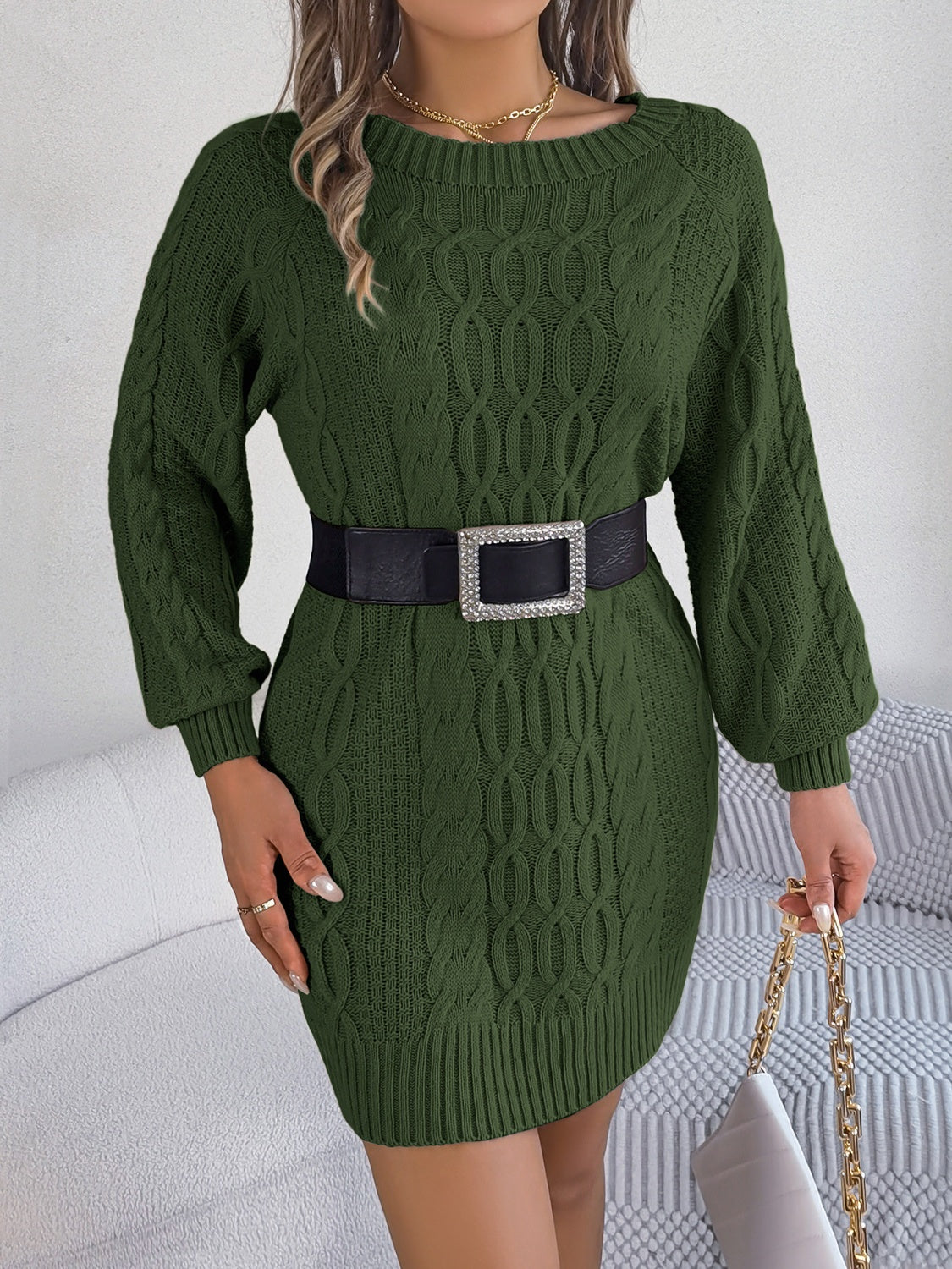 Cable-Knit Round Neck Sweater Dress - Tantalize Boutique