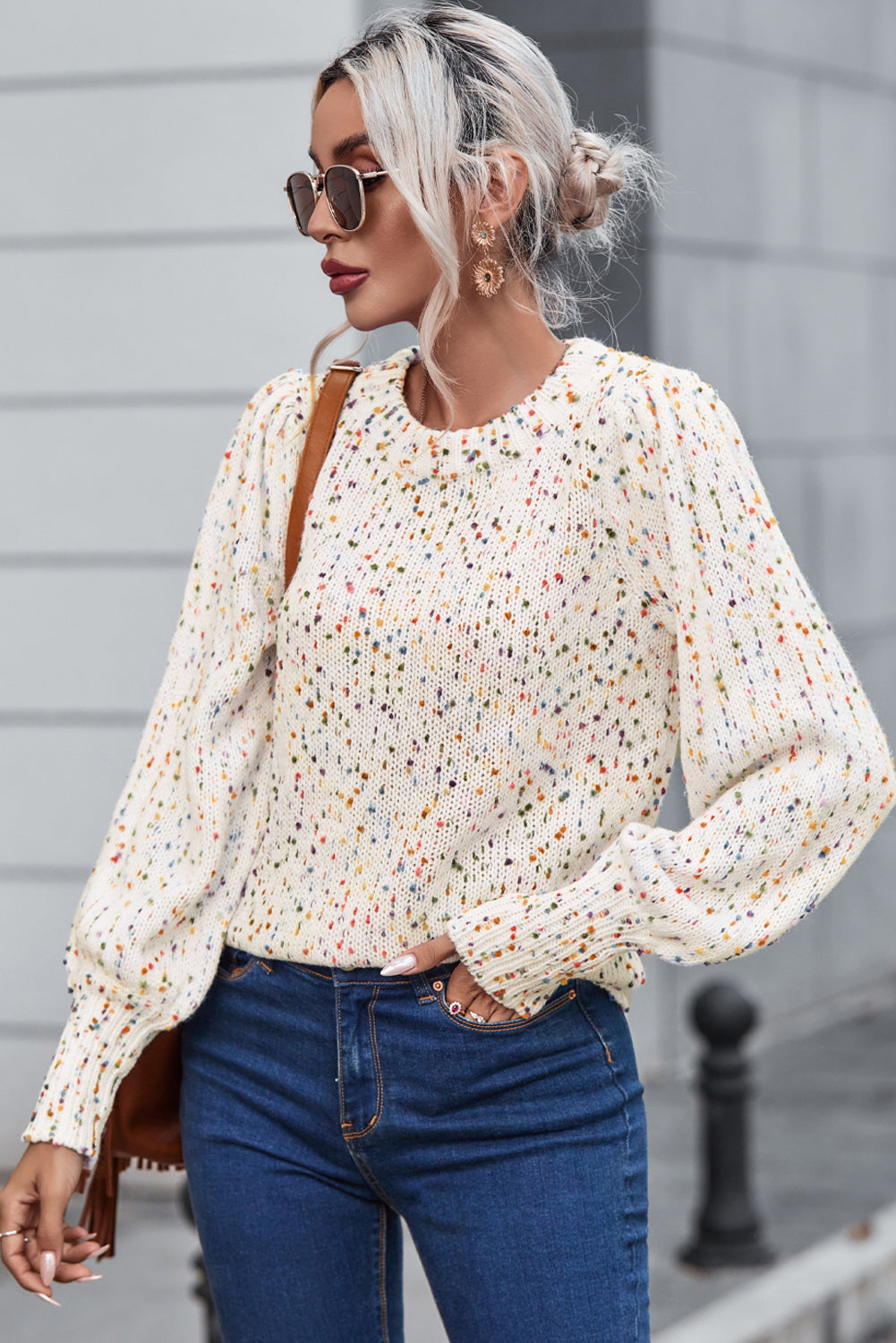 Heathered Round Neck Lantern Sleeve Sweater - Tantalize Boutique