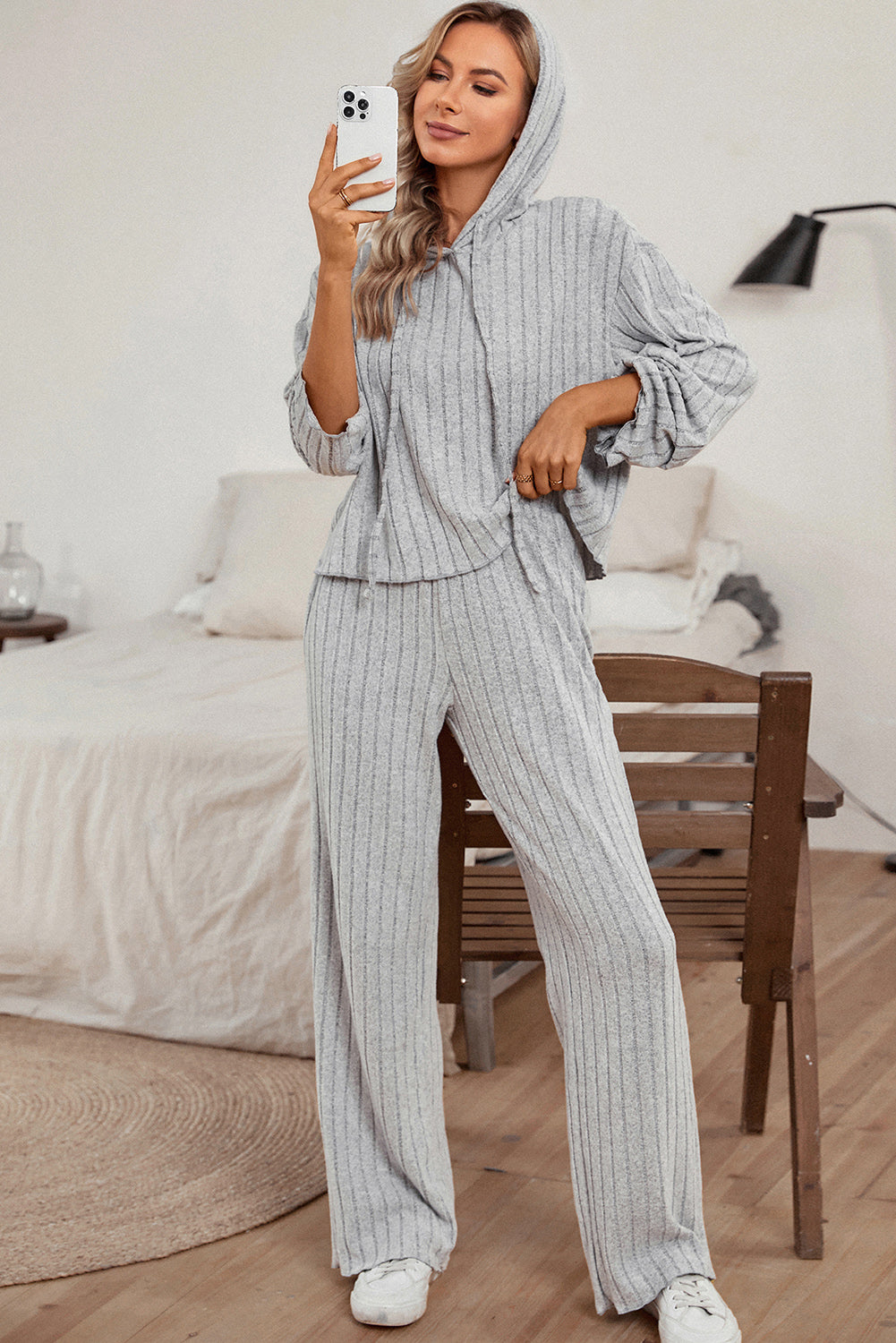 Ribbed Drawstring Hoodie and Pants Lounge Set - Tantalize Boutique
