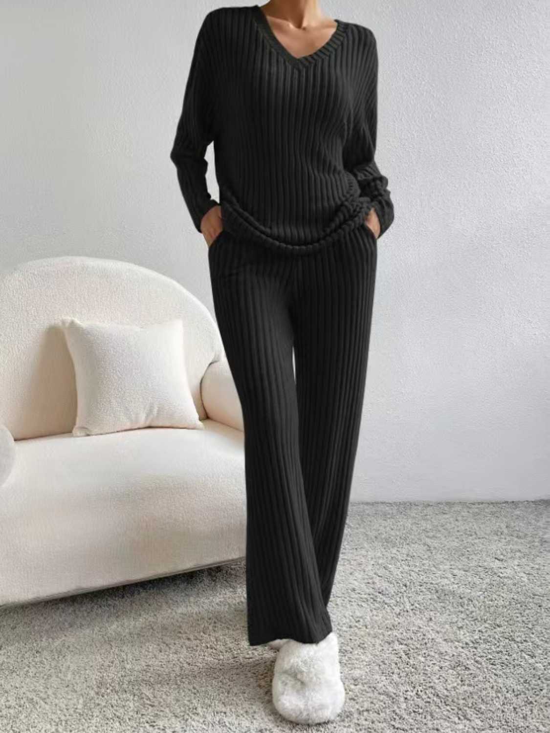 Ribbed V-Neck Long Sleeve Top and Pants Set - Tantalize Boutique