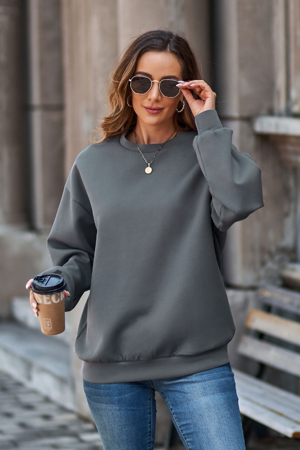 Round Neck Dropped Shoulder Sweatshirt - Tantalize Boutique