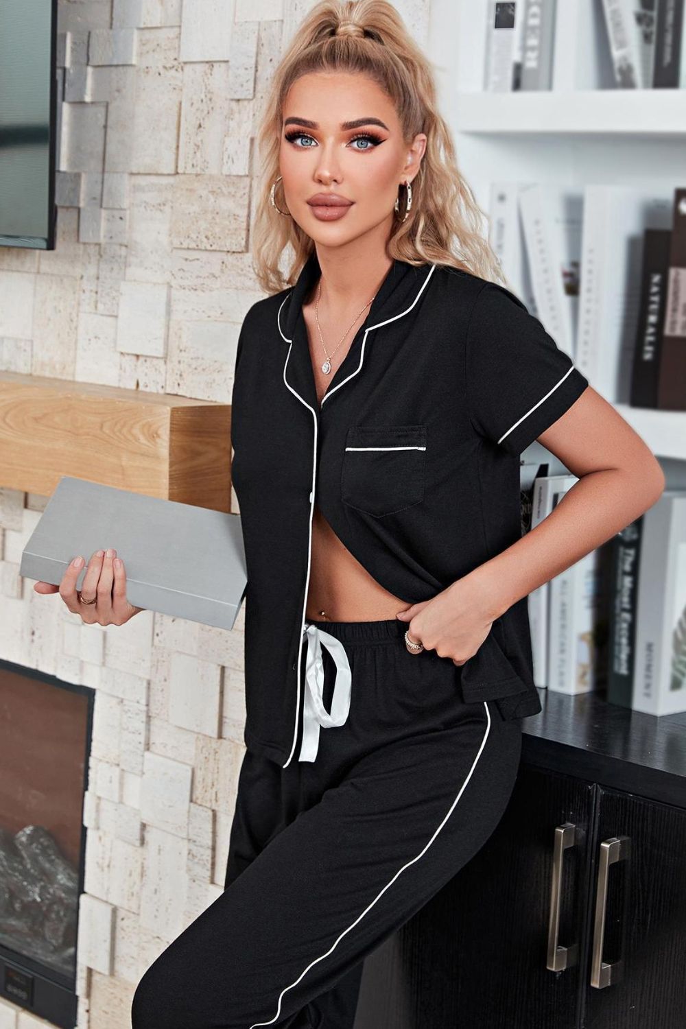 Contrast Piping Short Sleeve Top and Pants Pajama Set - Tantalize Boutique