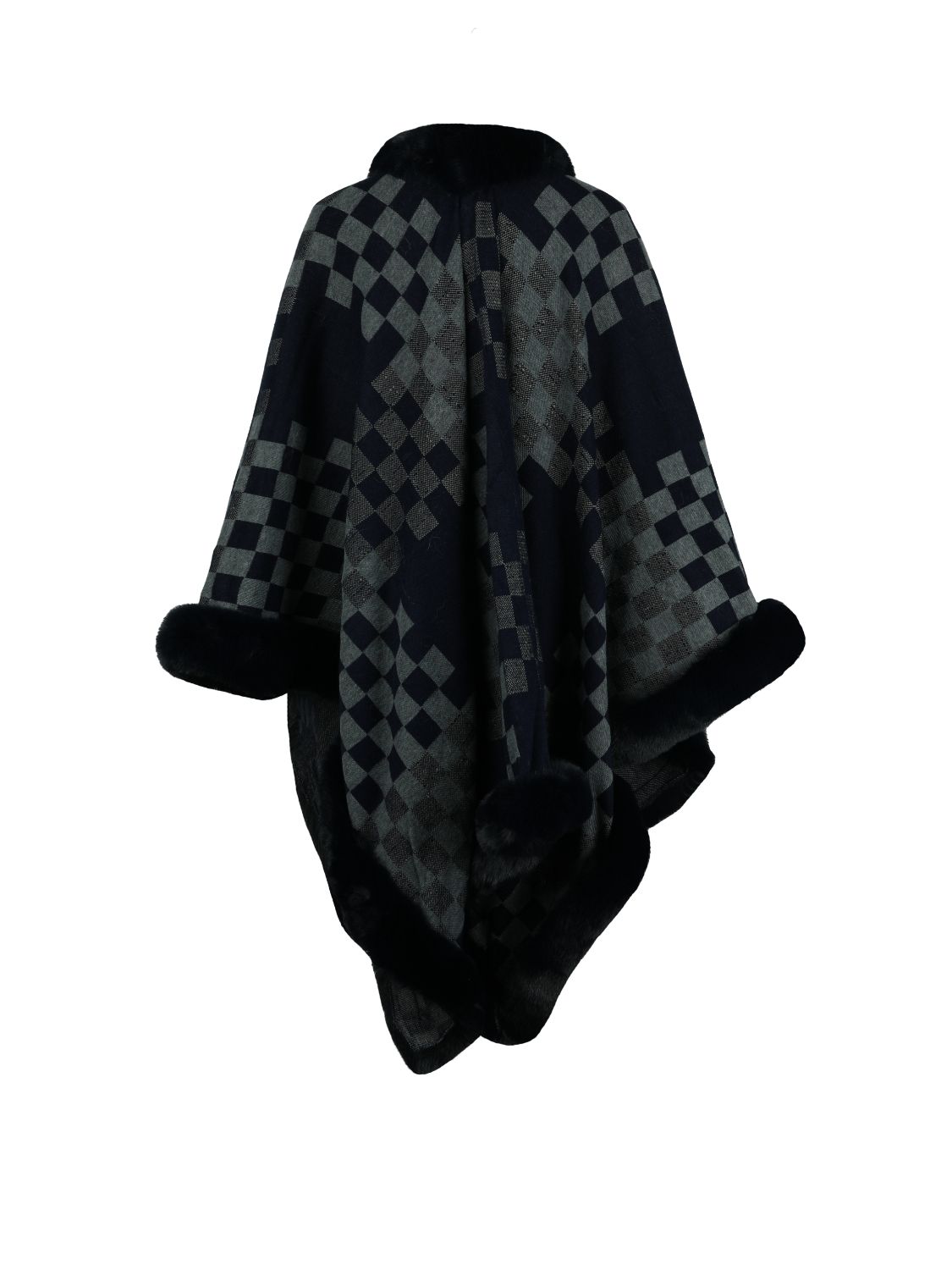 Checkered Faux Fur Trim Poncho - Tantalize Boutique
