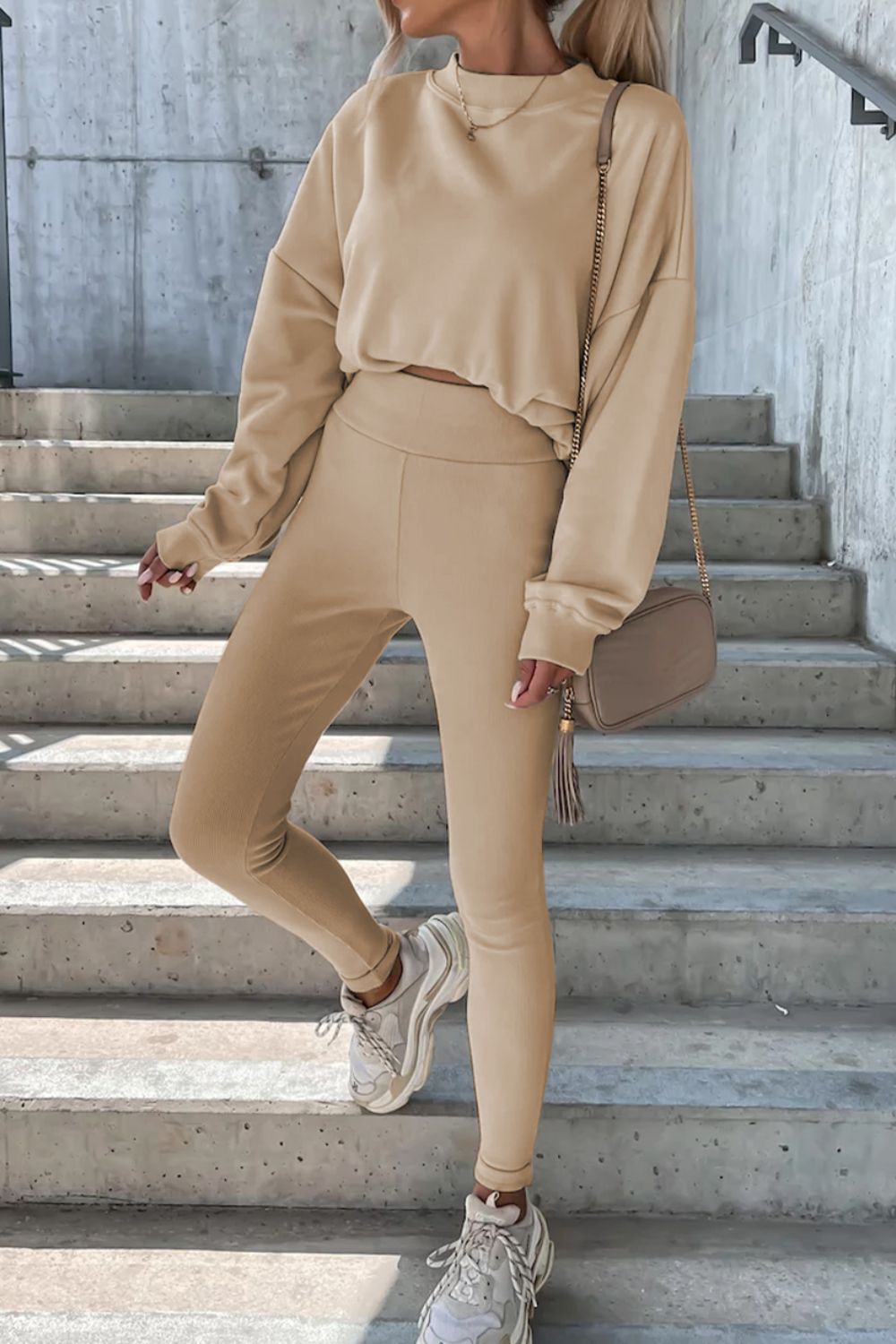 Round Neck Dropped Shoulder Sweatshirt and Pants Set - Tantalize Boutique
