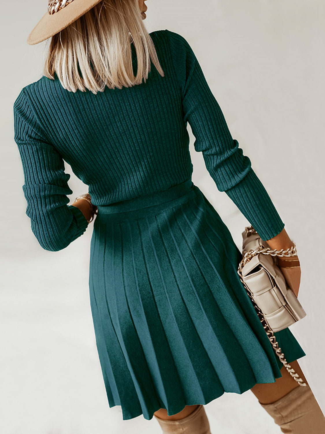 Surplice Neck Tie Front Pleated Sweater Dress - Tantalize Boutique