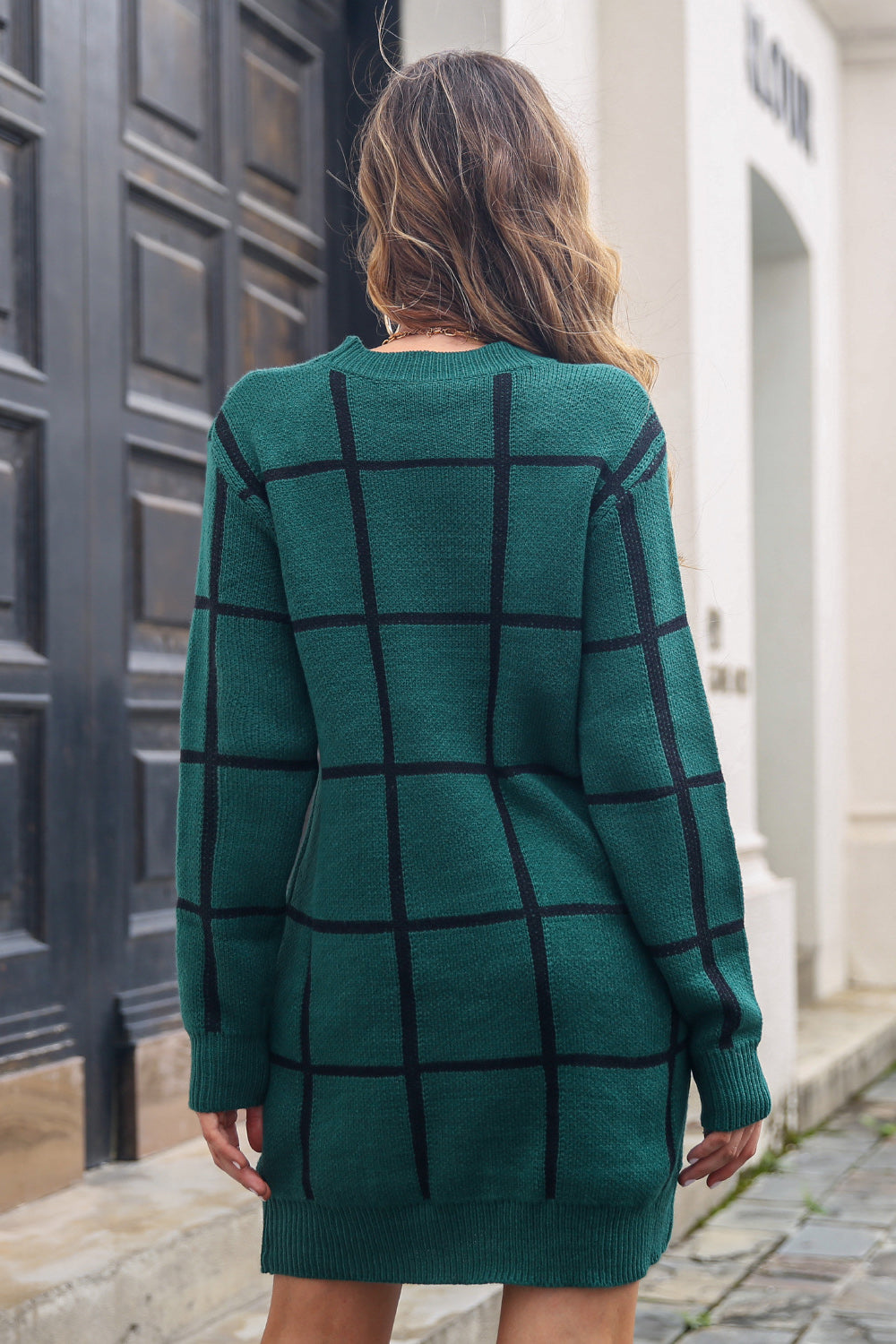 Plaid Round Neck Long Sleeve Sweater Dress - Tantalize Boutique