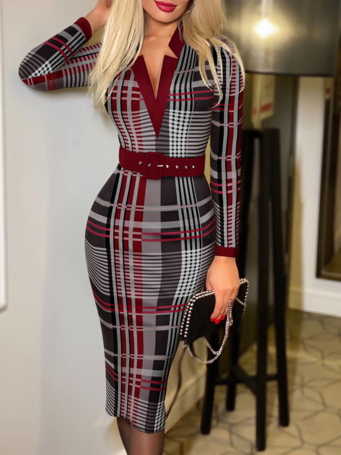 Printed Notched Long Sleeve Wrap Dress - Tantalize Boutique