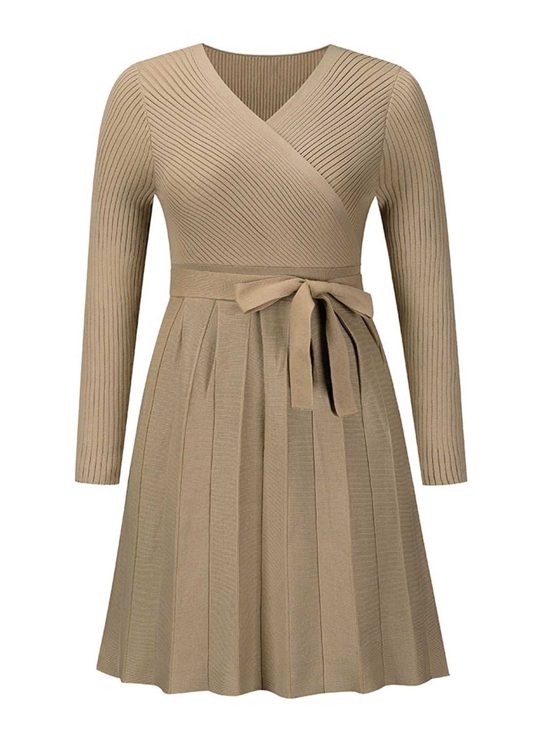 Surplice Neck Tie Front Pleated Sweater Dress - Tantalize Boutique