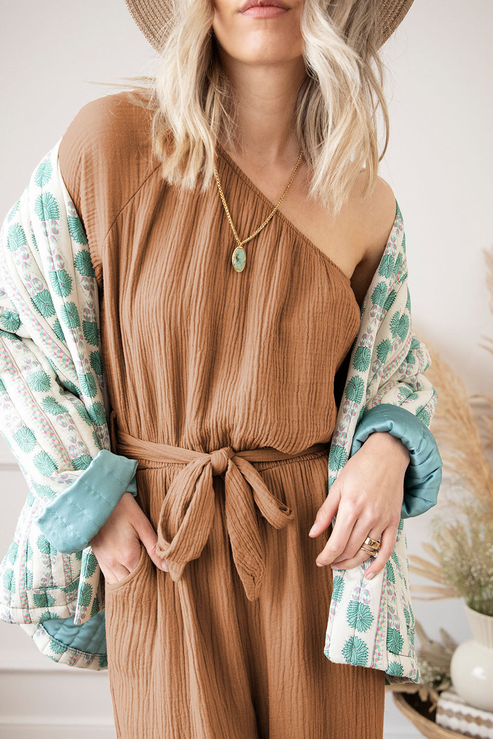 Texture Single Shoulder Tie-Waist Jumpsuit - Tantalize Boutique