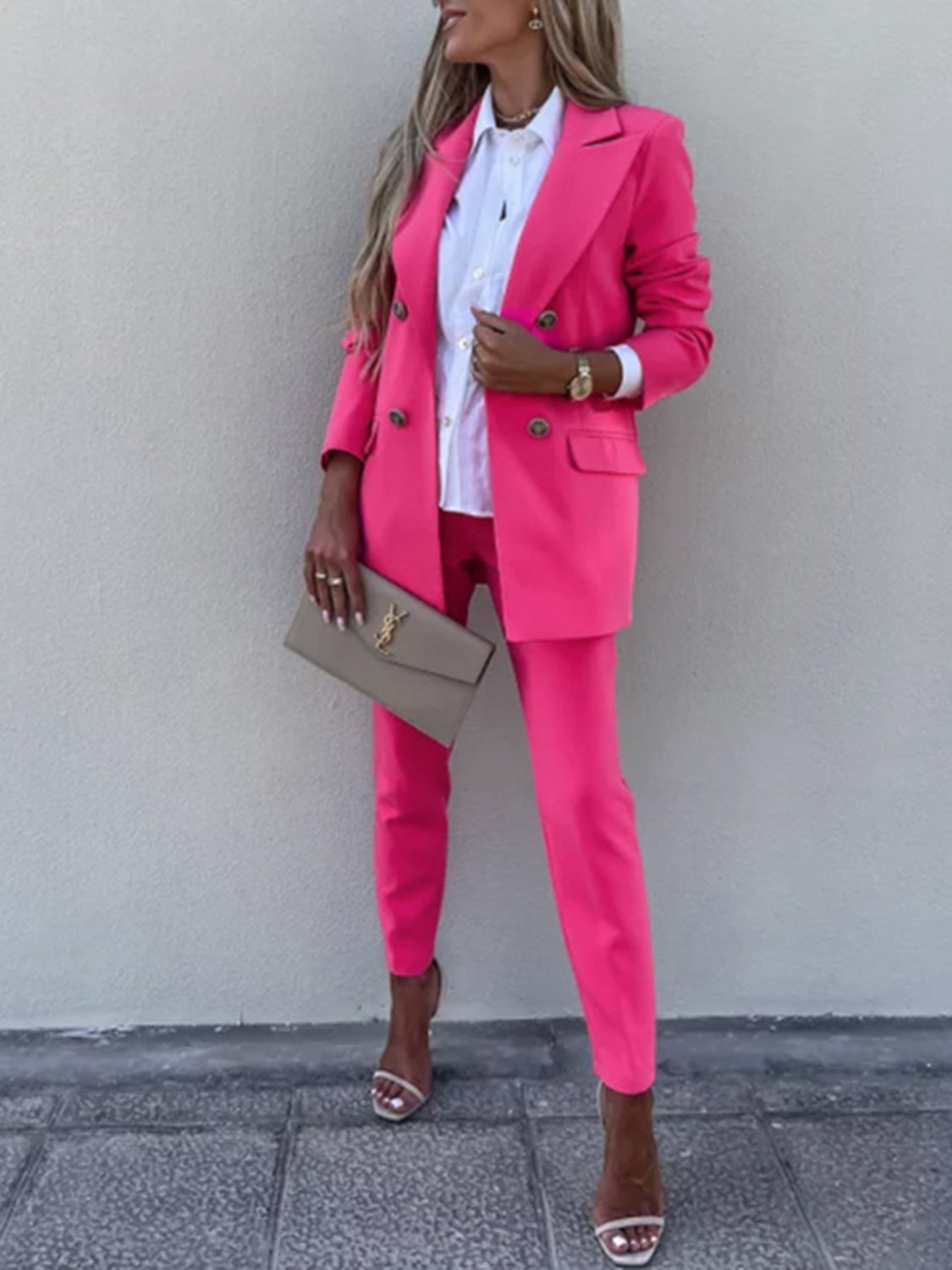 Lapel Collar Long Sleeve Blazer and Pants Set - Tantalize Boutique