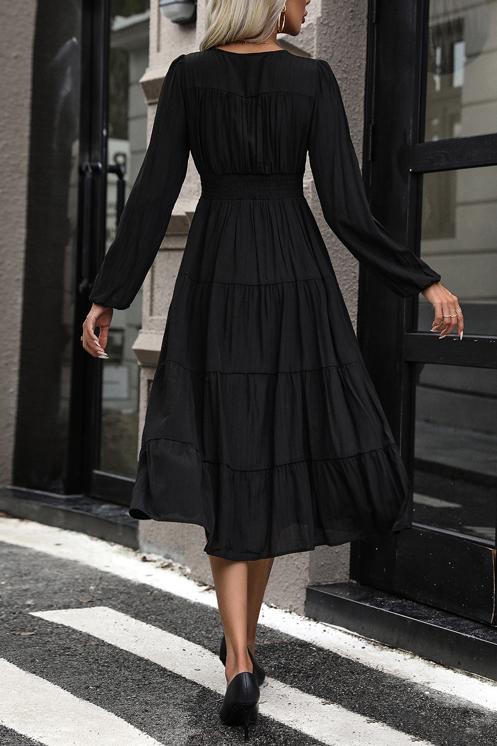 Tiered Ruched Button Up Midi Dress - Tantalize Boutique