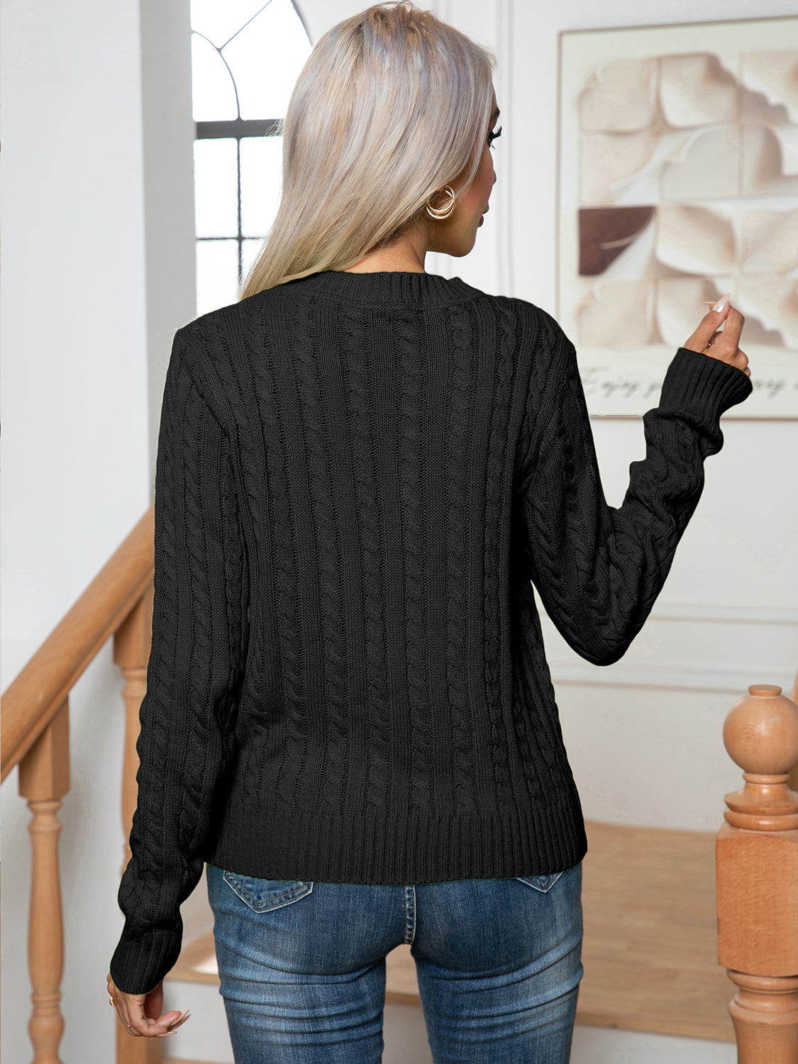 Cable-Knit Round Neck Long Sleeve Sweater - Tantalize Boutique