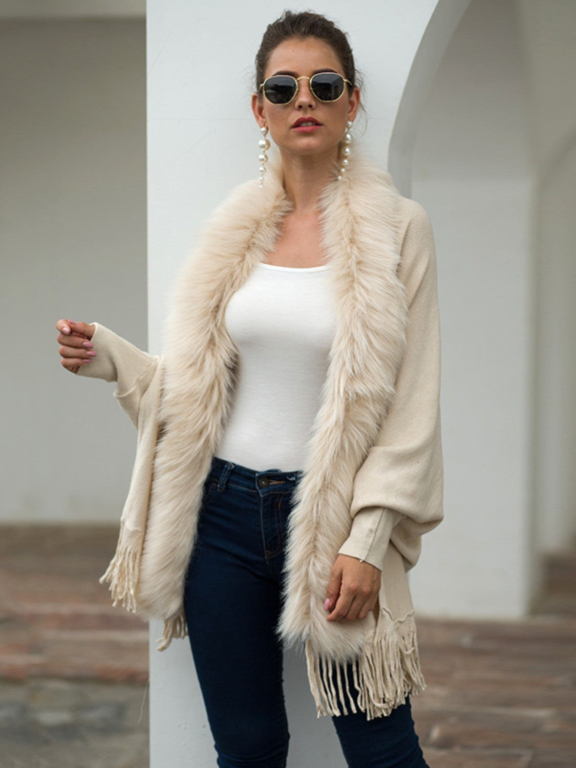 Fringe Open Front Long Sleeve Poncho - Tantalize Boutique