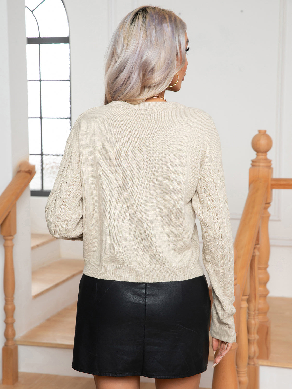 Cable-Knit Round Neck Long Sleeve Sweater - Tantalize Boutique