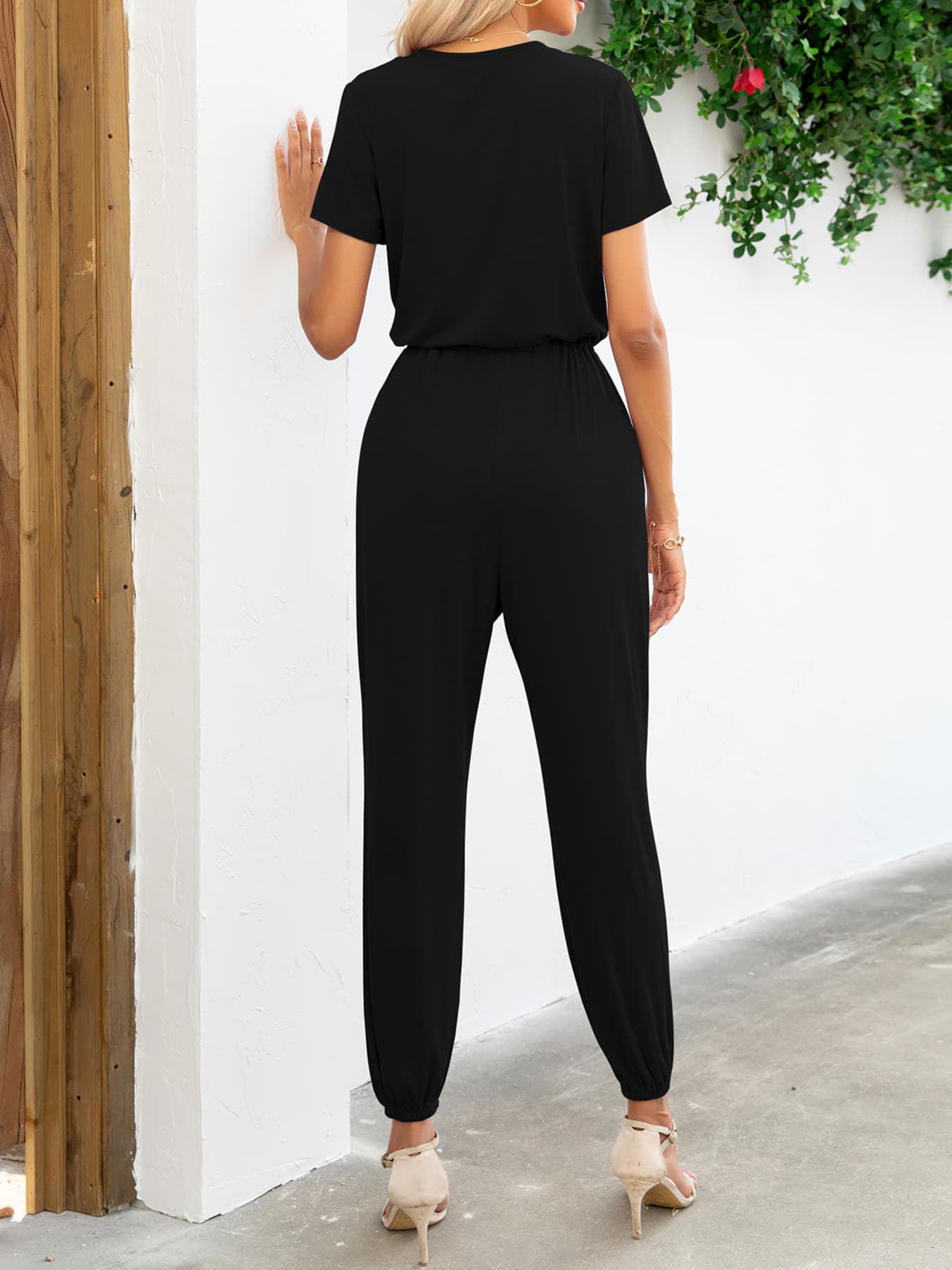 Short Sleeve V-Neck Jumpsuit with Pockets - Tantalize Boutique