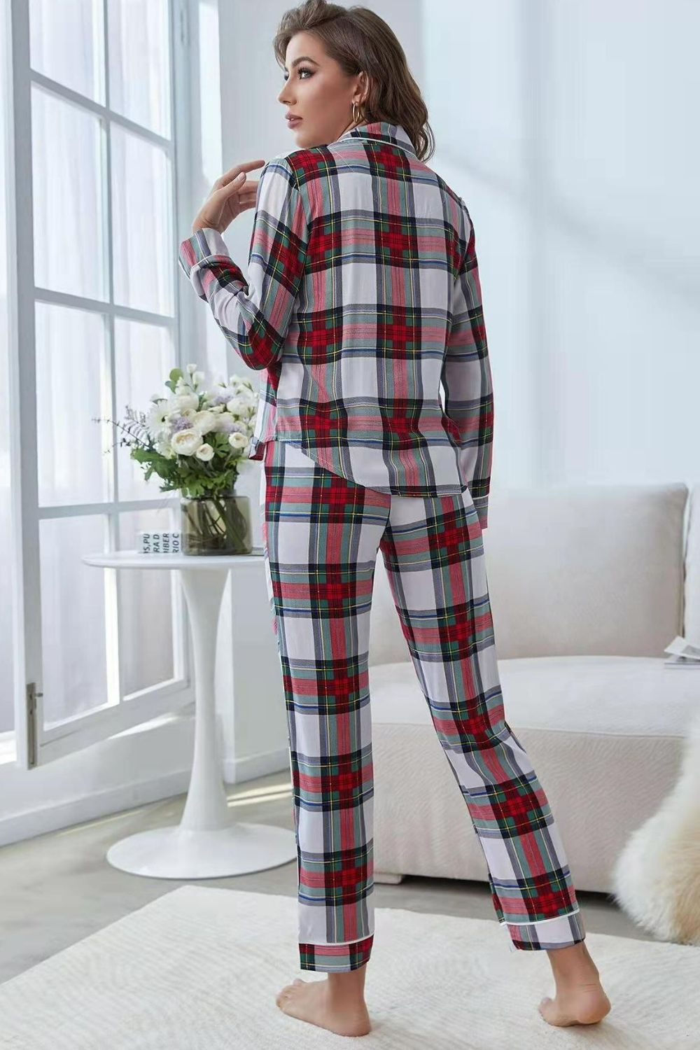 Plaid Button Front Top and Pants Lounge Set - Tantalize Boutique