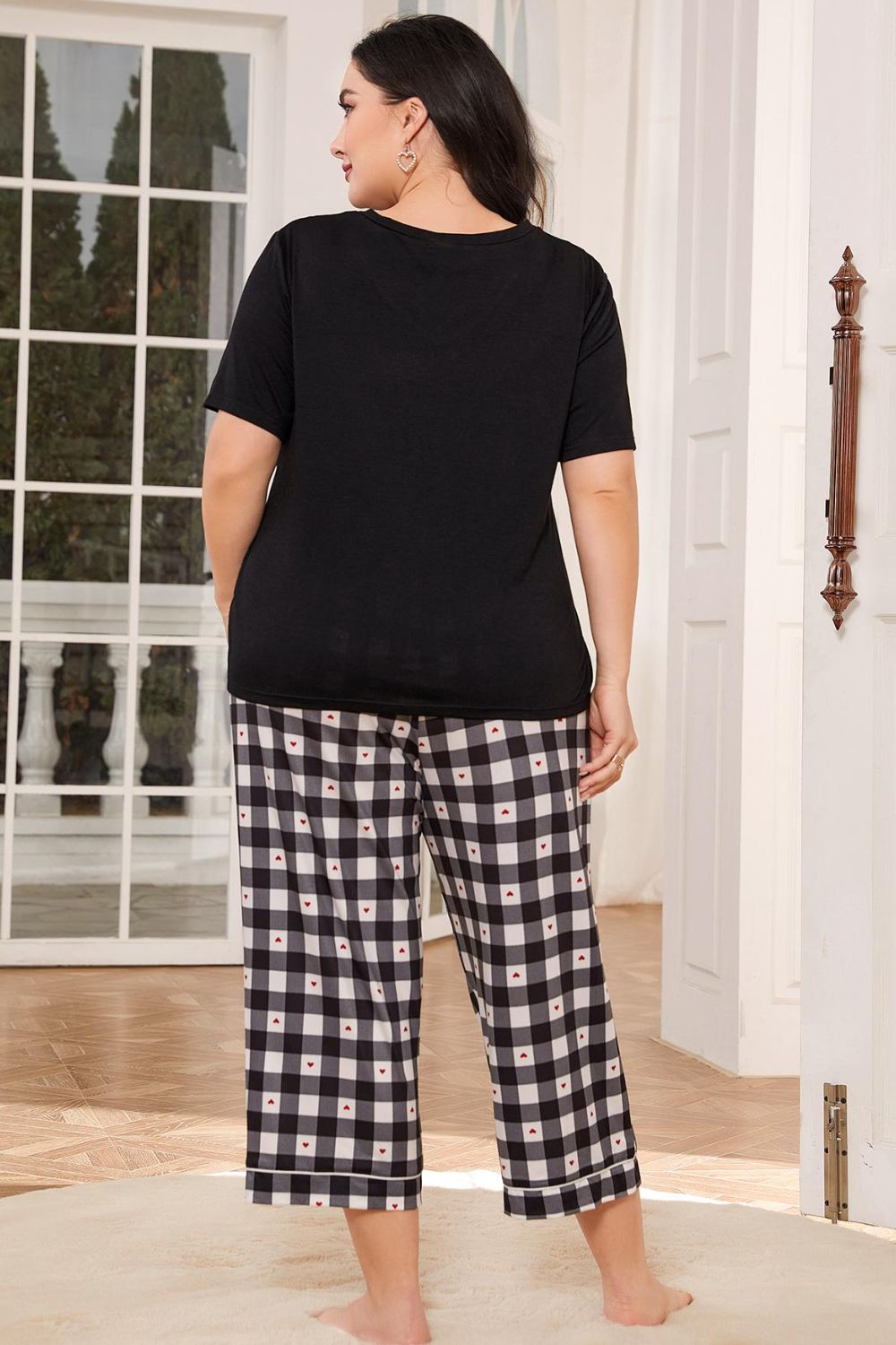 V-Neck Tee and Plaid Cropped Pants Lounge Set - Tantalize Boutique