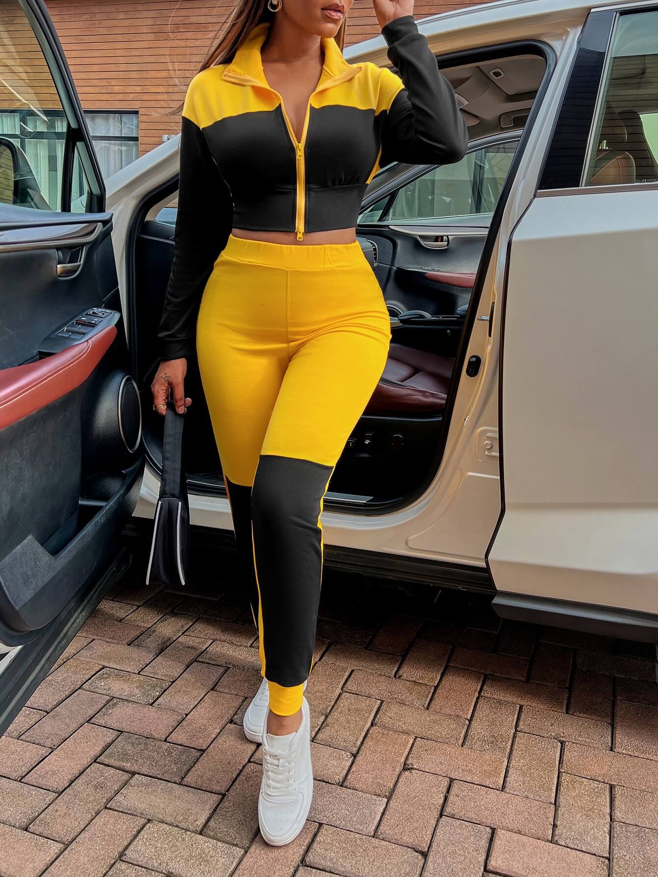 Two-Tone Collared Neck Top and Joggers Set - Tantalize Boutique