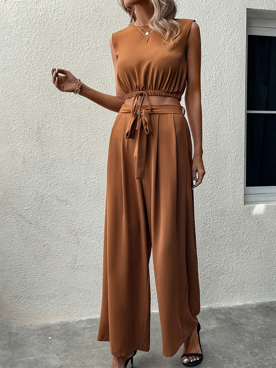 Sleeveless Drawstring Top and Tied Pants Set - Tantalize Boutique
