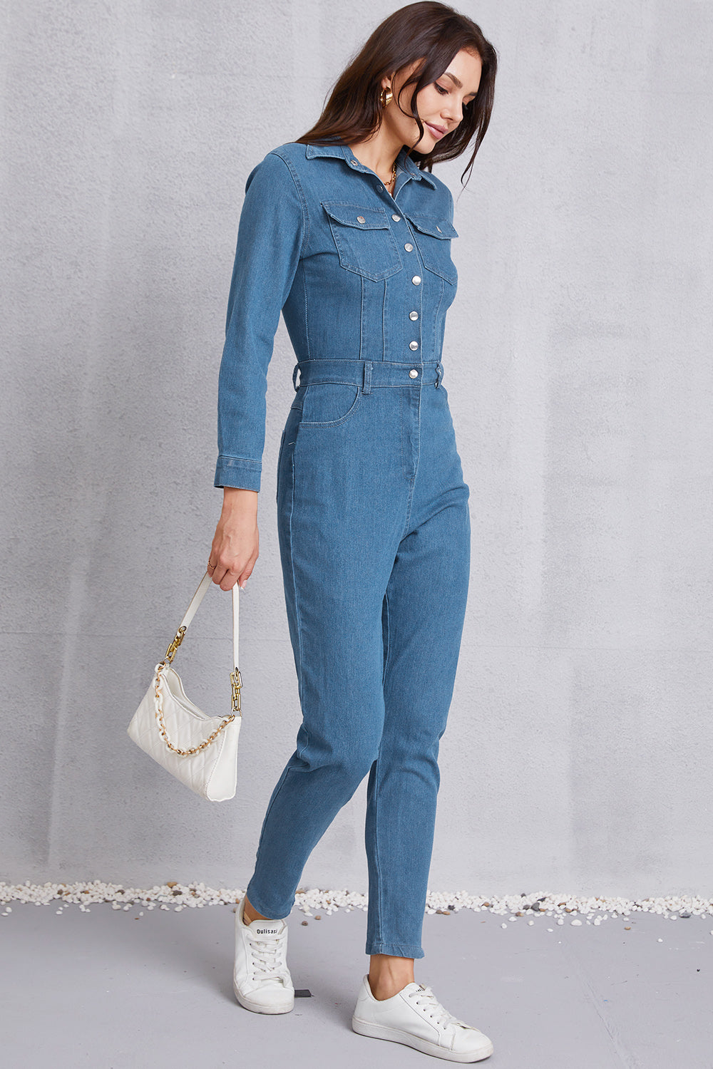 Snap Down Denim Jumpsuit with Pockets - Tantalize Boutique
