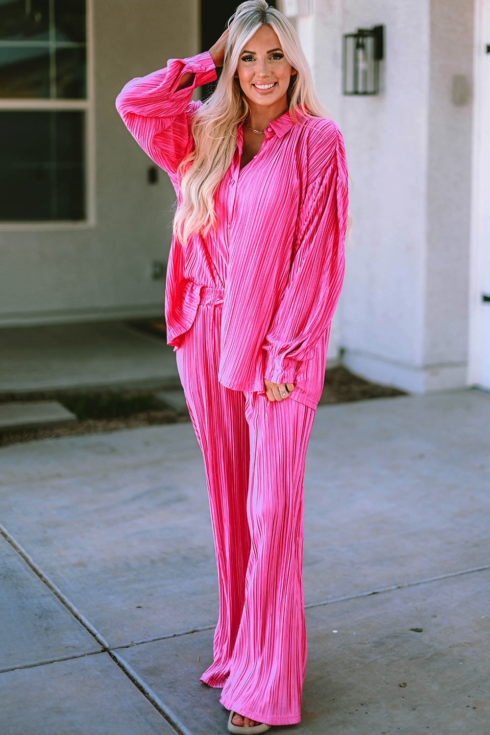 Pleated Button Up Shirt and Wide-Leg Pants Set - Tantalize Boutique